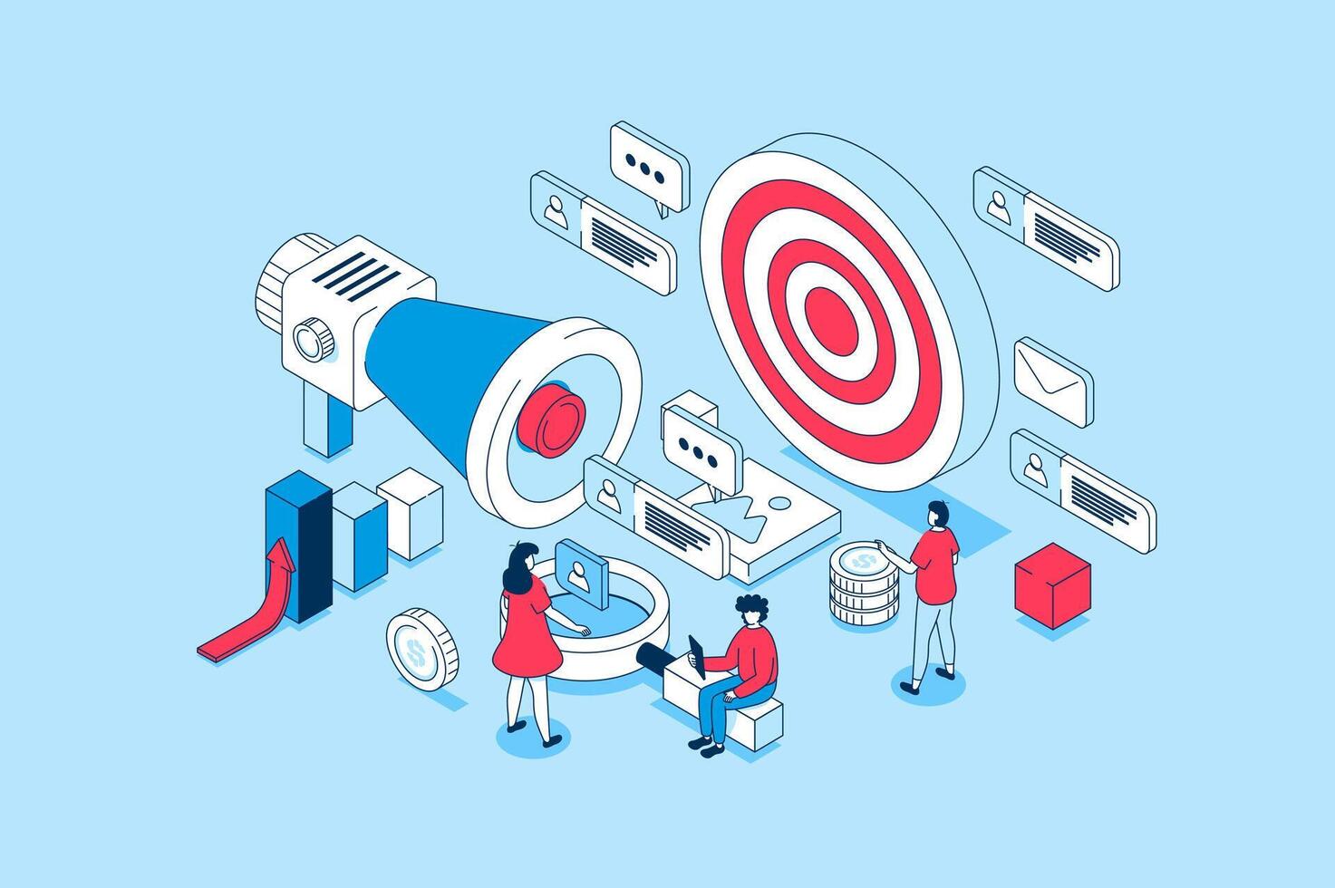 Target audience concept in 3d isometric design. People study market and customer trends, create advertising campaigns and attract new clients. Vector illustration with isometry scene for web graphic