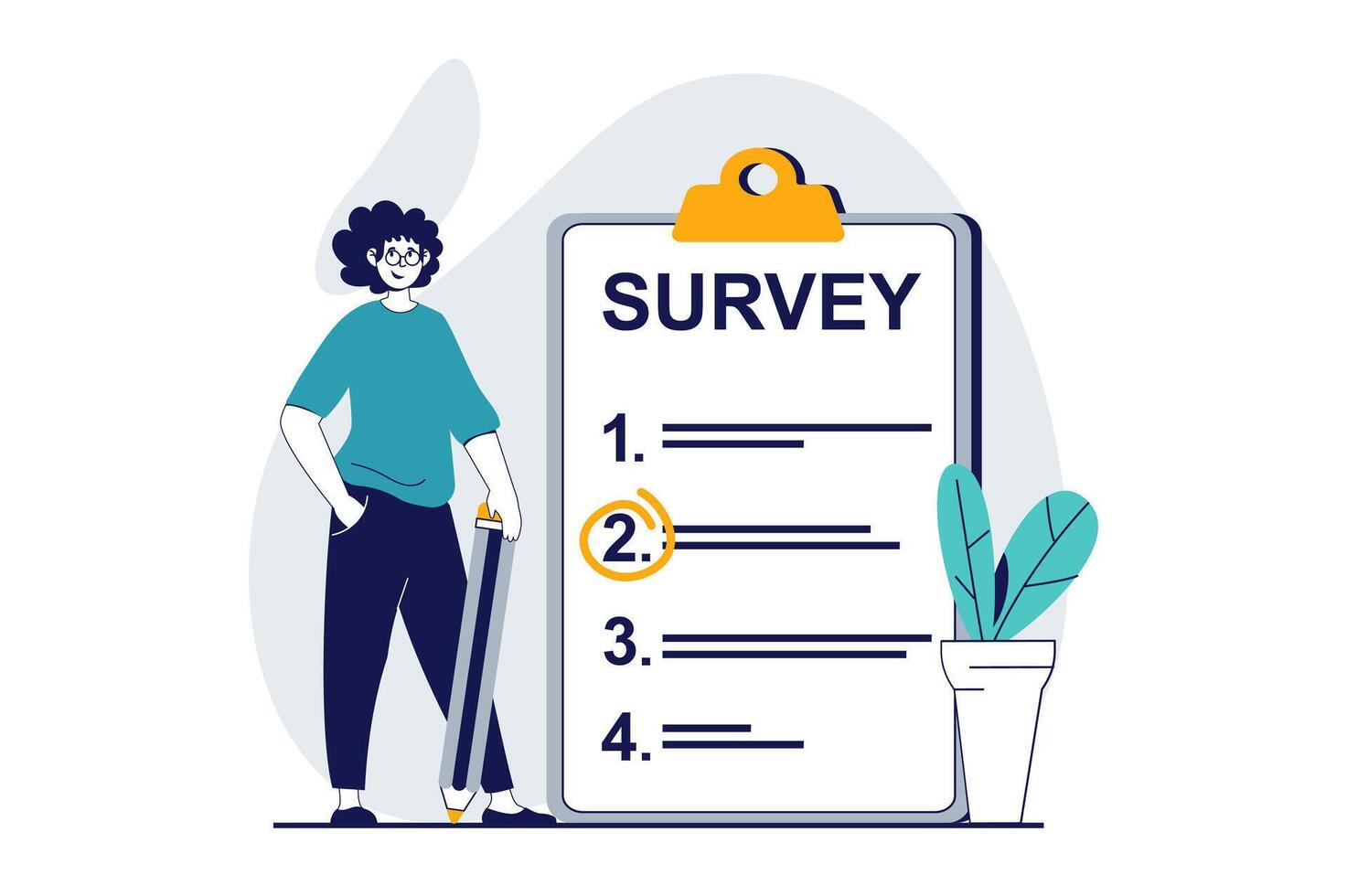 Online survey concept with people scene in flat design for web. Man filling exam questionnaire and taking marks in checklist form. Vector illustration for social media banner, marketing material.