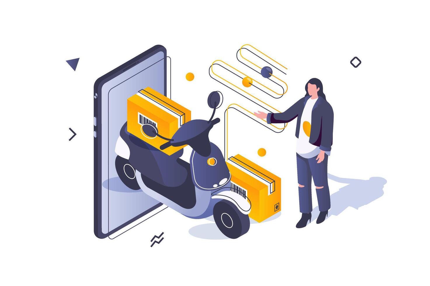 Transportation logistics concept in 3d isometric design. Woman using delivery courier service for cardboard boxes shipping in scooter. Vector illustration with isometric people scene for web graphic