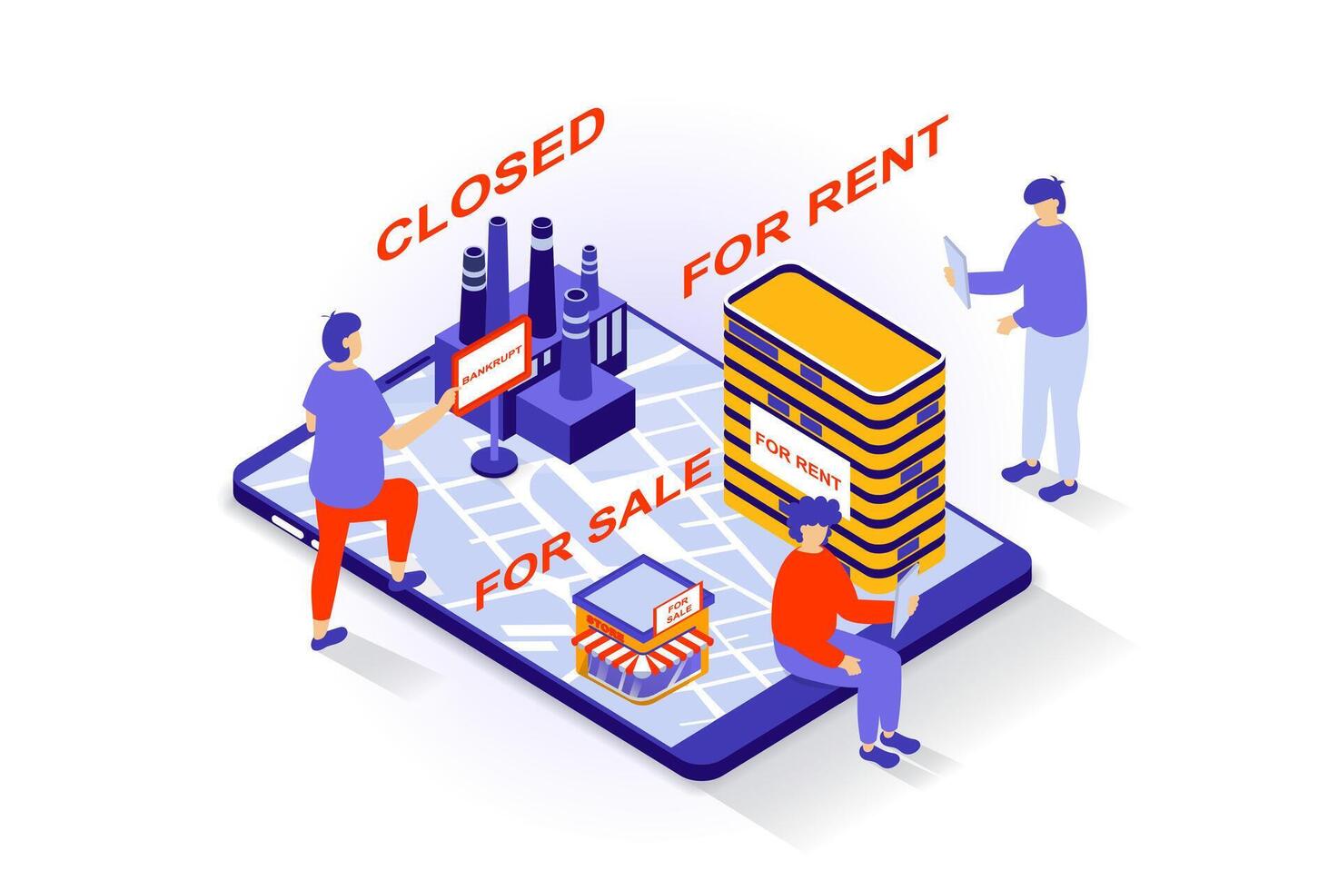 Unemployment and crisis concept in 3d isometric design. People closed their businesses and companies and offer premises for sale and rent. Vector illustration with isometry scene for web graphic