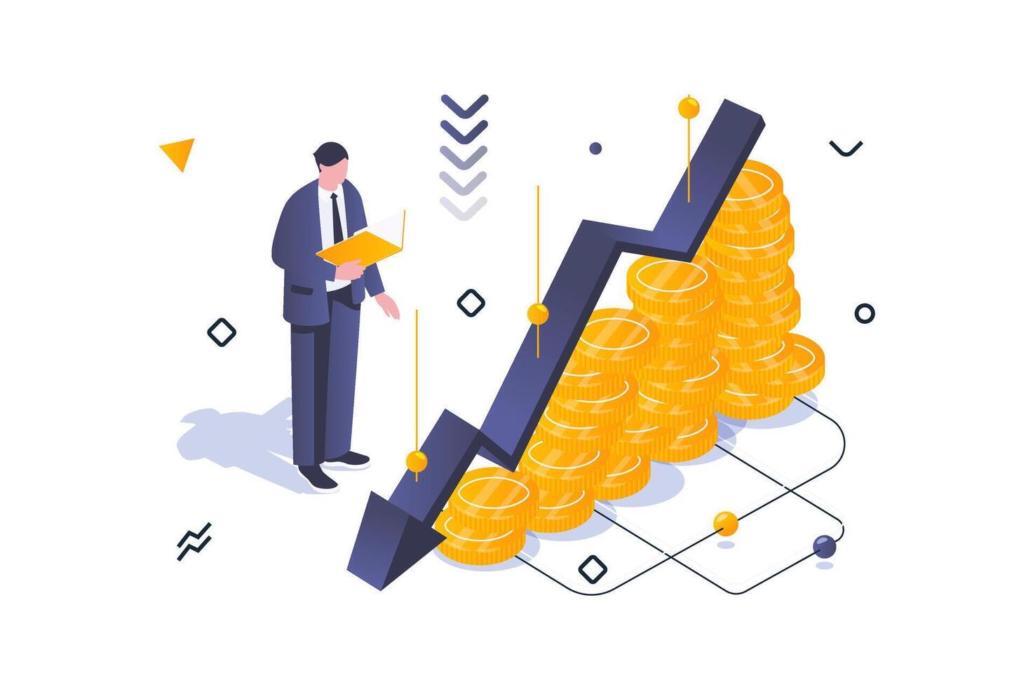 Unemployment crisis concept in 3d isometric design. Man analysis company budget with arrows chart down, financial problem and bankrupt. Vector illustration with isometric people scene for web graphic