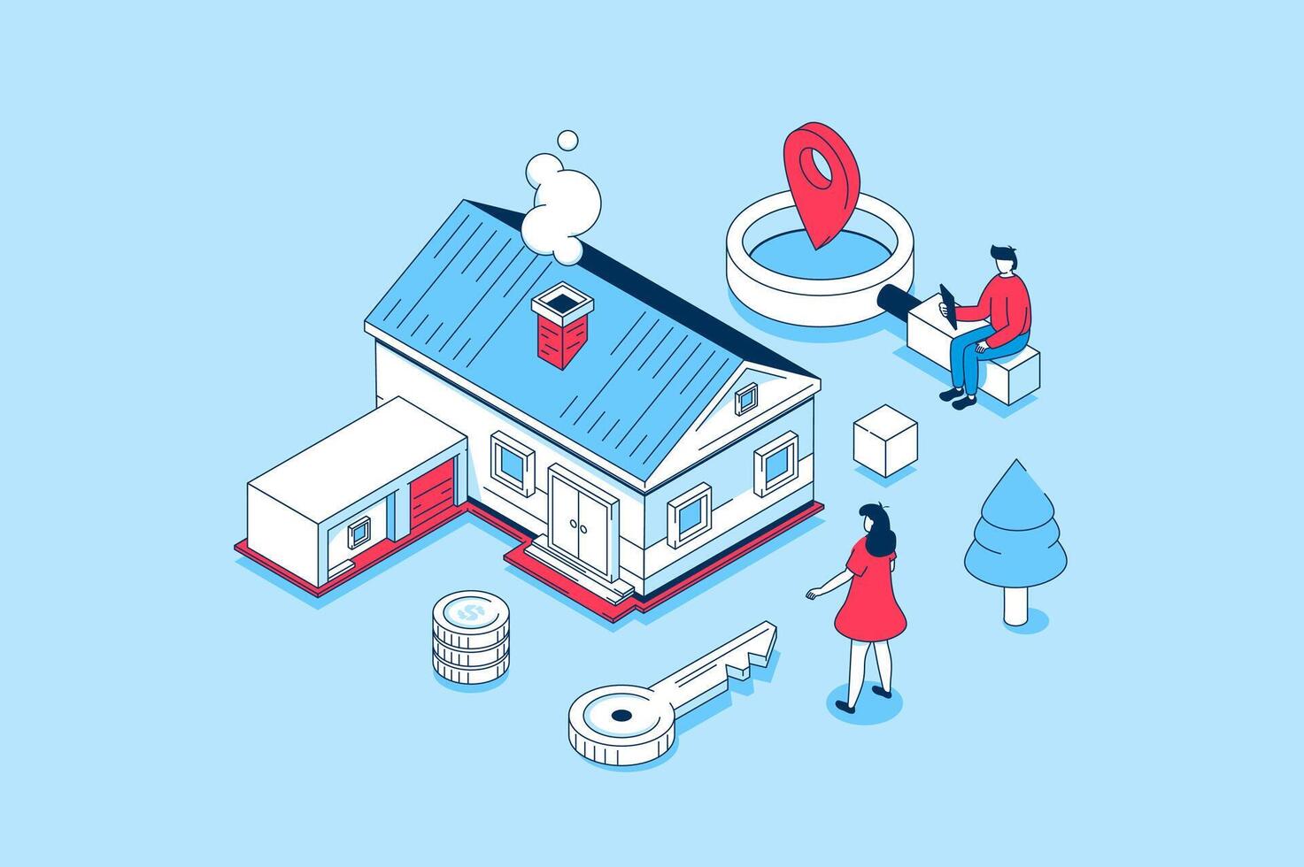 Real estate concept in 3d isometric design. People researching real estate market and choosing new home, client buying property and moving. Vector illustration with isometry scene for web graphic