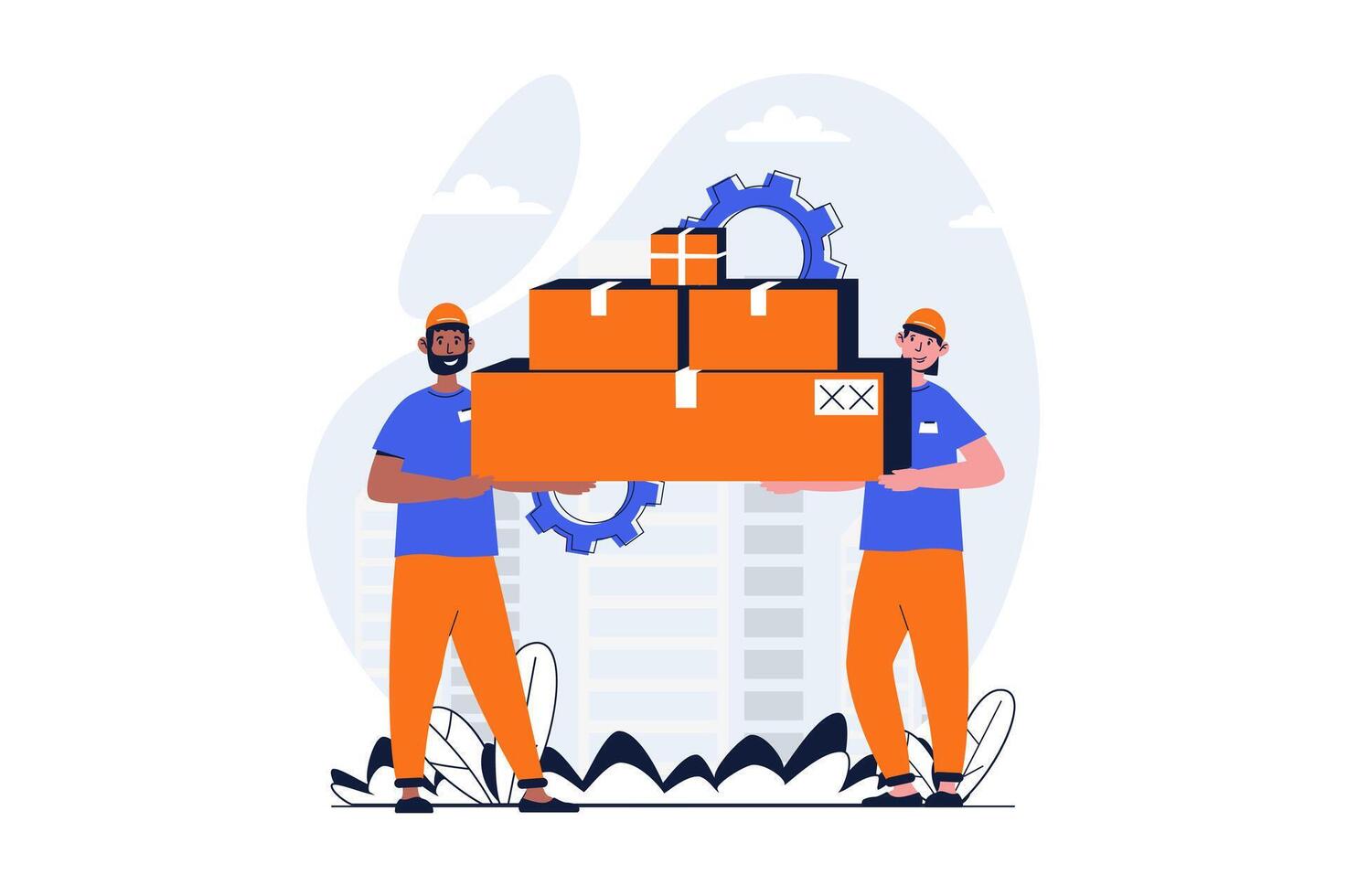 Delivery service web concept with character scene. Men loaders holding cardboard boxes and shipping parcels. People situation in flat design. Vector illustration for social media marketing material.