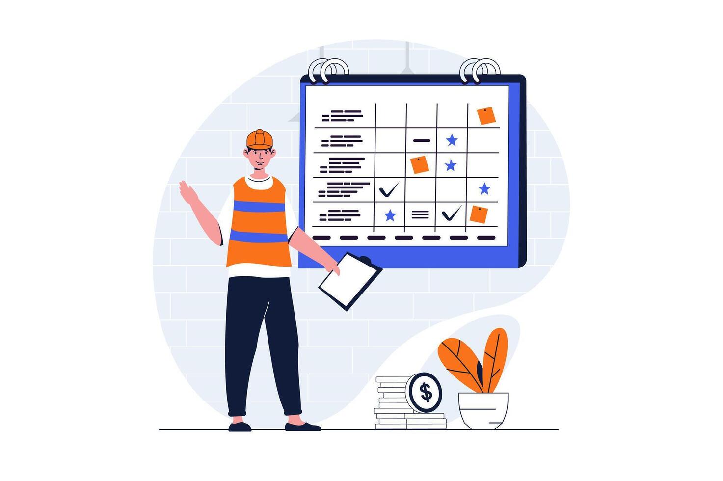 Construction engineer web concept with character scene. Man creating plan and deadline for building process. People situation in flat design. Vector illustration for social media marketing material.