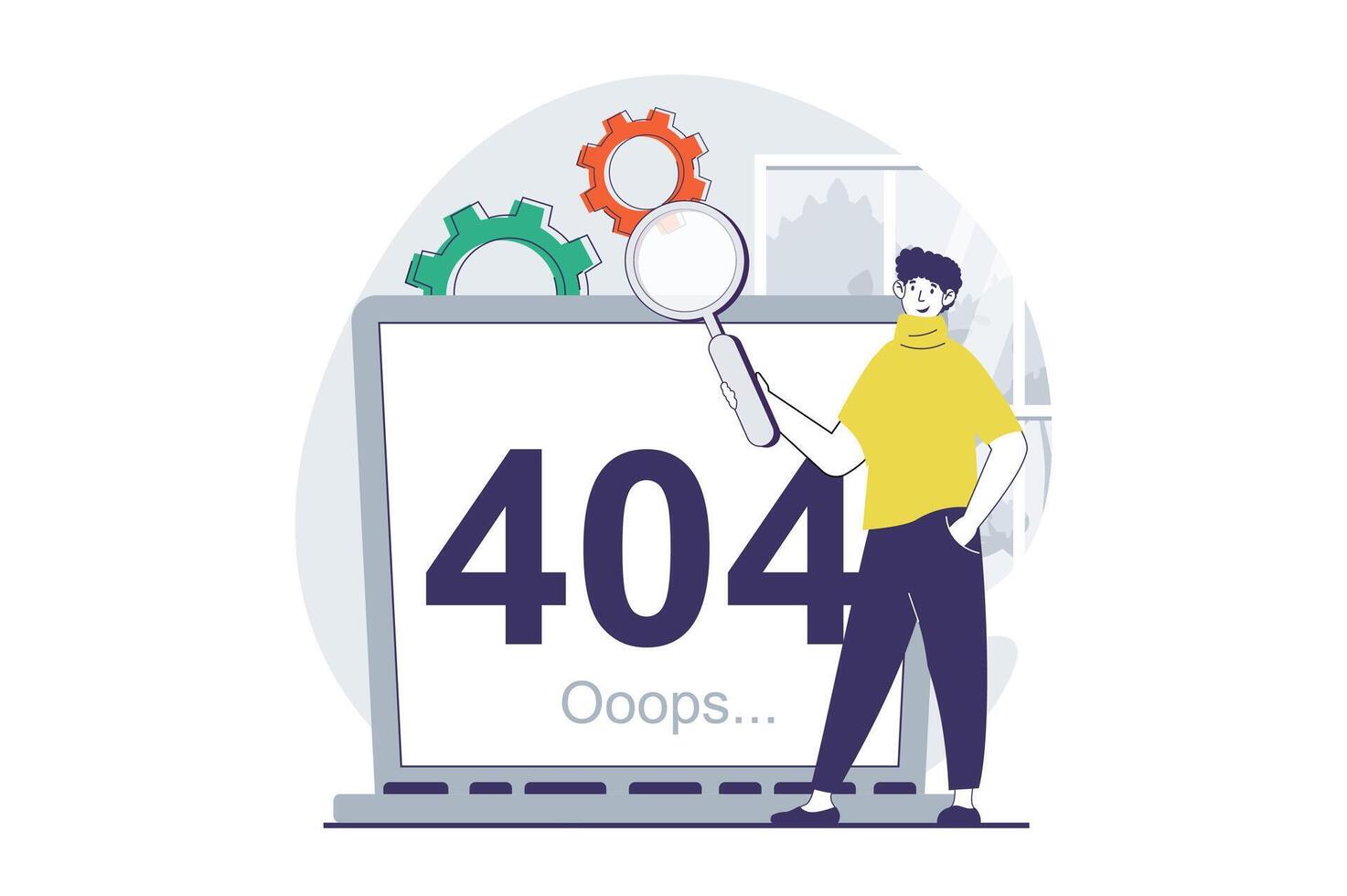 Page not found concept with people scene in flat design for web. Man researching disconnect problem and error message on laptop screen. Vector illustration for social media banner, marketing material.