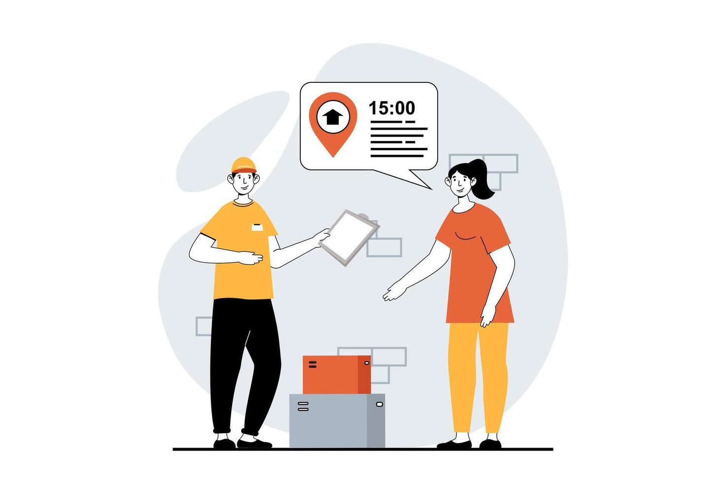 Delivery service concept with people scene in flat design for web. Courier hands parcel to client, woman using fast shipping at home. Vector illustration for social media banner, marketing material.