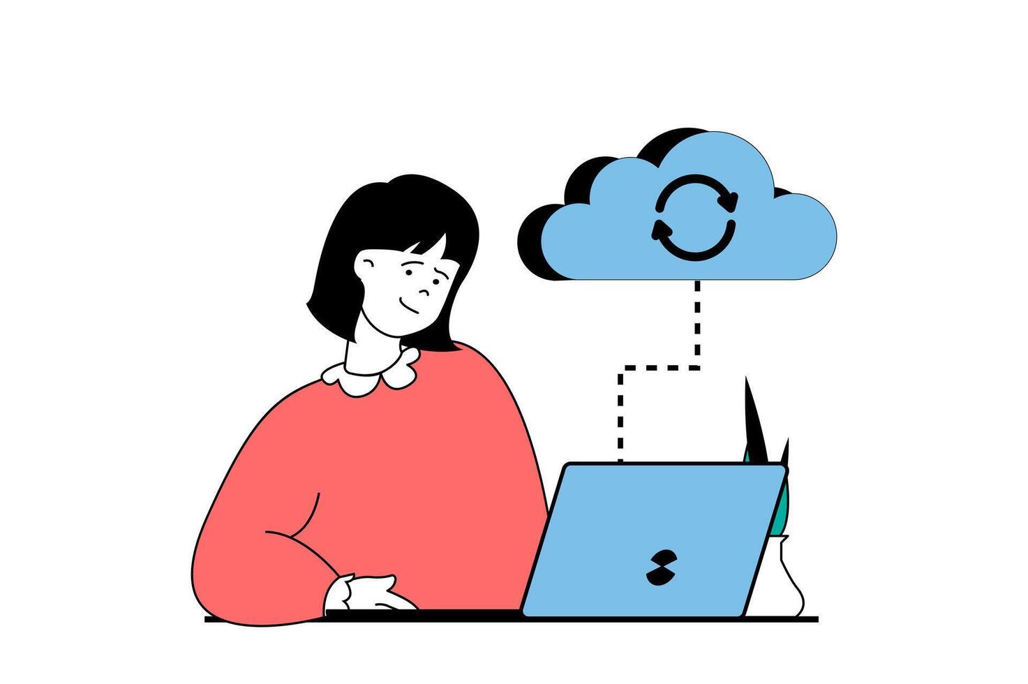 Cloud computing concept with people scene in flat web design. Woman making backup, uploading data at cloud storage with secure access. Vector illustration for social media banner, marketing material.