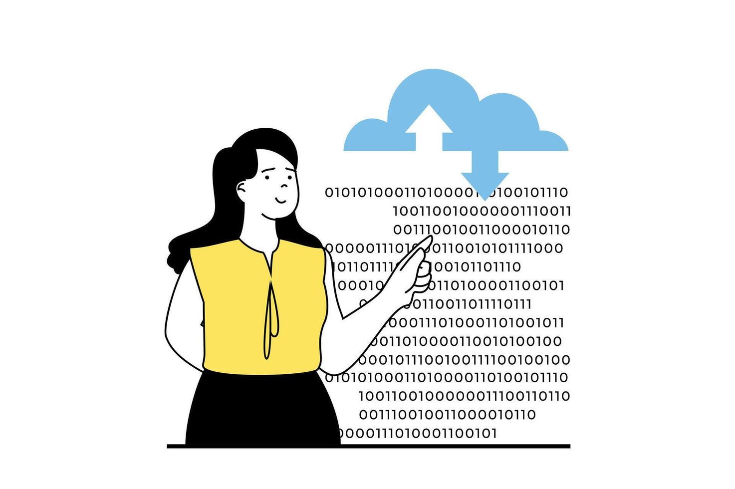 Cloud computing concept with people scene in flat web design. Woman uploading data at cloud storage for processing and using hosting. Vector illustration for social media banner, marketing material.