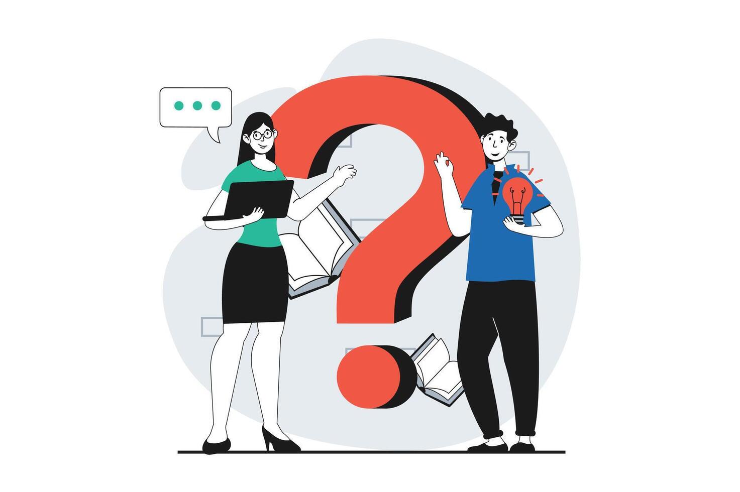 Finding solution concept with people scene in flat design for web. Man and woman brainstorming and asking question, working in team. Vector illustration for social media banner, marketing material.