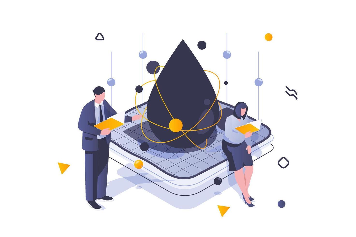 Oil Industry concept in 3d isometric design. Global oil business with production processes, fuel storage and petrol transportation. Vector illustration with isometric people scene for web graphic