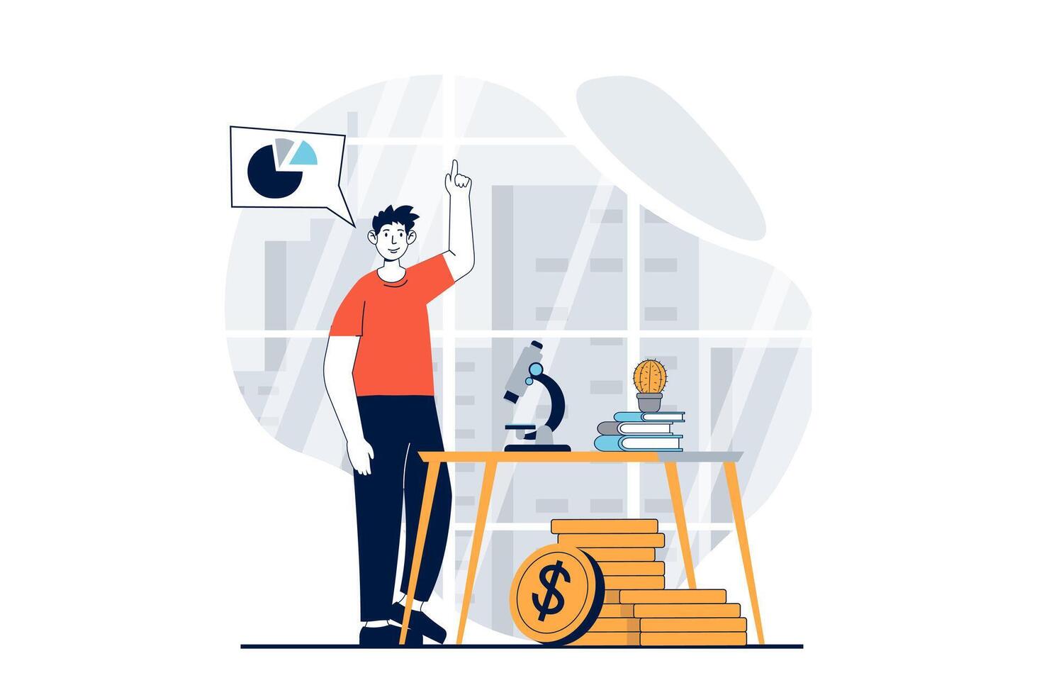 Data science concept with people scene in flat design for web. Man scientist working with microscope, creating financial diagrams. Vector illustration for social media banner, marketing material.