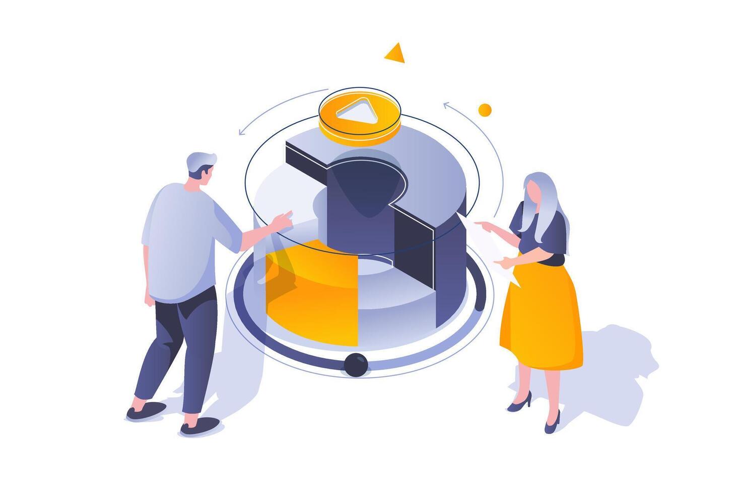 Business marketing concept in 3d isometric design. Professional team analyzing data and discussing project, research graph and planning. Vector illustration with isometry people scene for web graphic