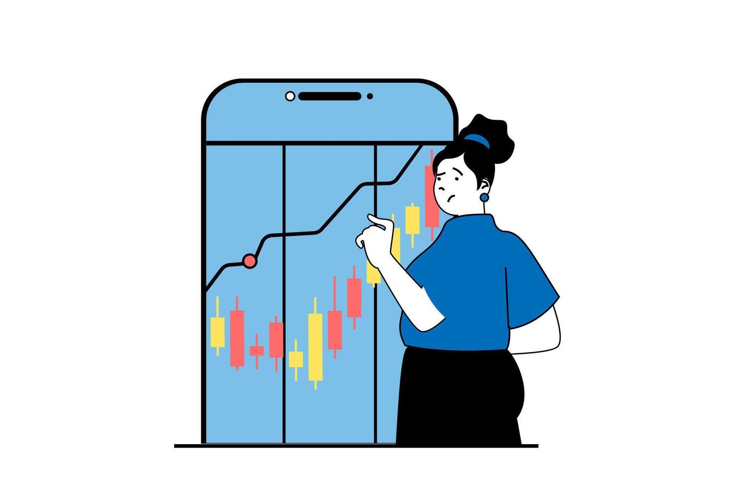 Crisis management concept with people scene in flat web design. Woman monitoring and analysing chart with falling arrow at mobile app. Vector illustration for social media banner, marketing material.