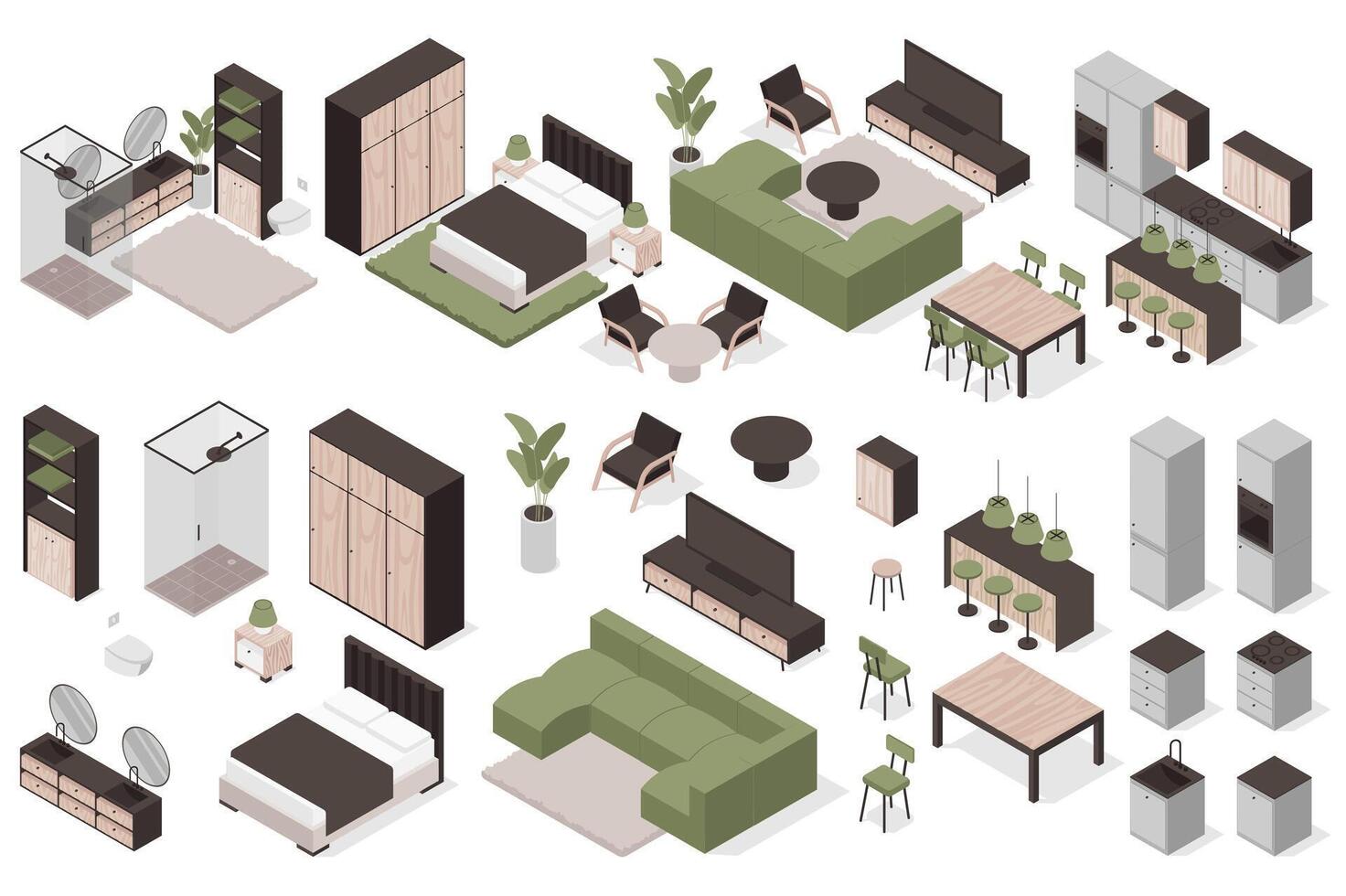 Furniture isometric elements constructor mega set. Creator kit with flat graphic interior objects for bathroom, bedroom, living room, dining and kitchen. Vector illustration in 3d isometry design