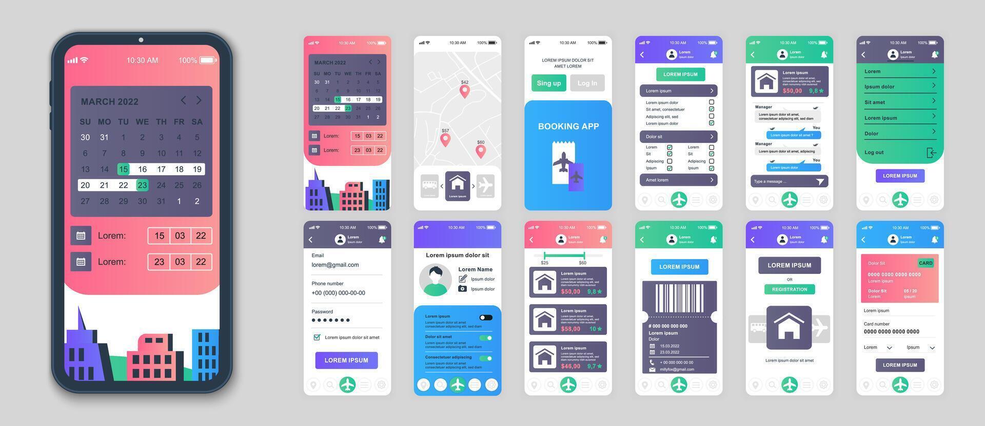 Booking mobile app screens set for web templates. Pack of searching hotel room, online ordering flight tickets, payment in account. UI, UX, GUI user interface kit for cellphone layouts. Vector design