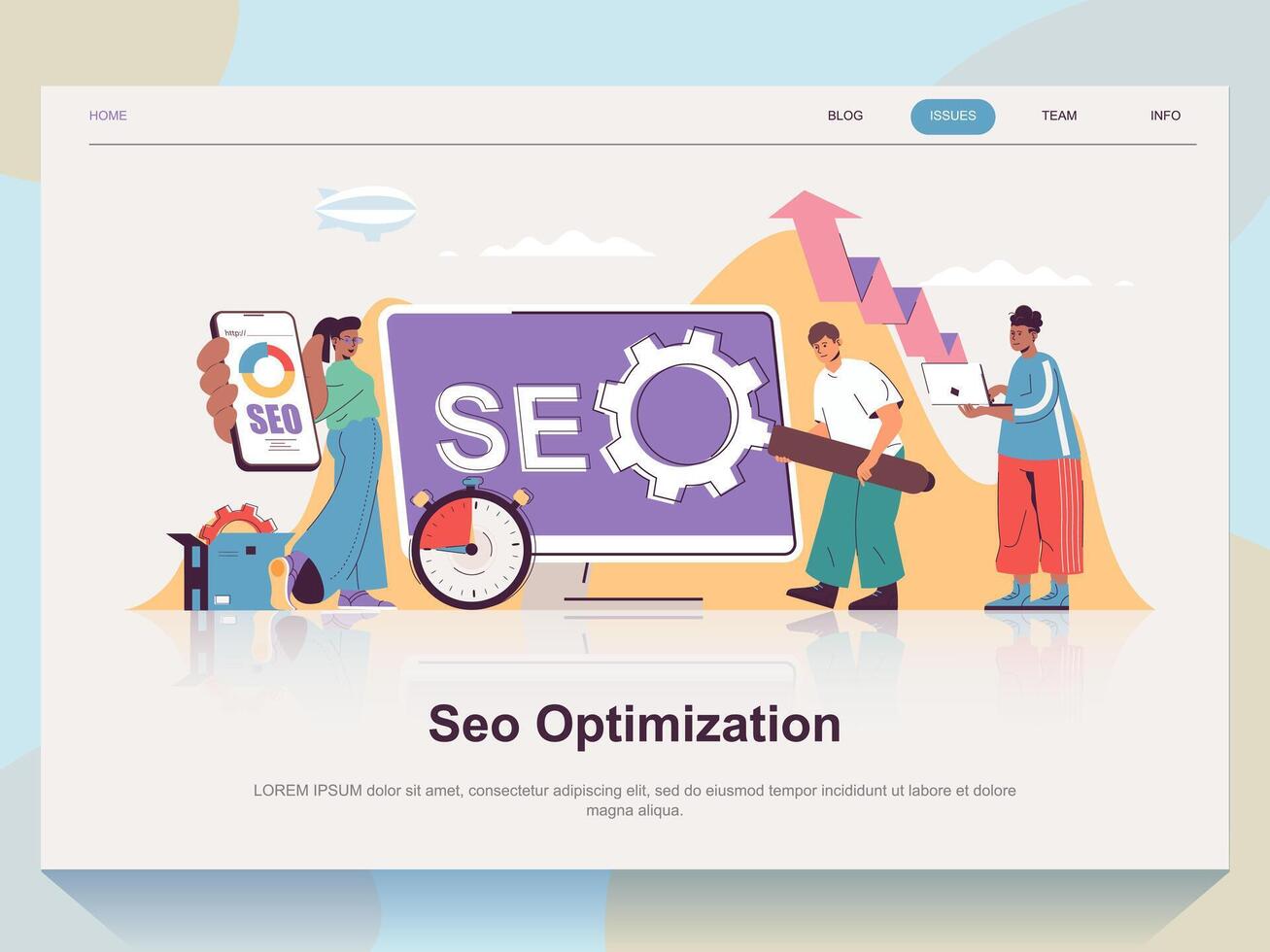 Seo optimization web concept for landing page in flat design. Man and woman making analytics research and optimizes ranking and site traffic. Vector illustration with people scene for website homepage