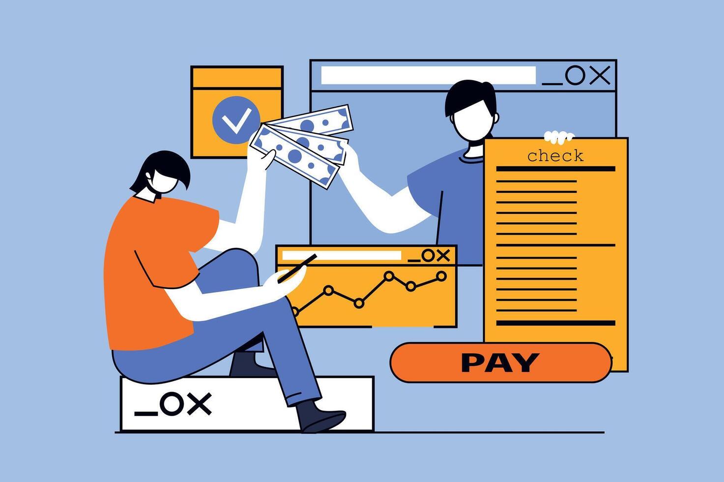 Online payment concept with people scene in flat design for web. Man paying digital check with credit card using mobile application. Vector illustration for social media banner, marketing material.