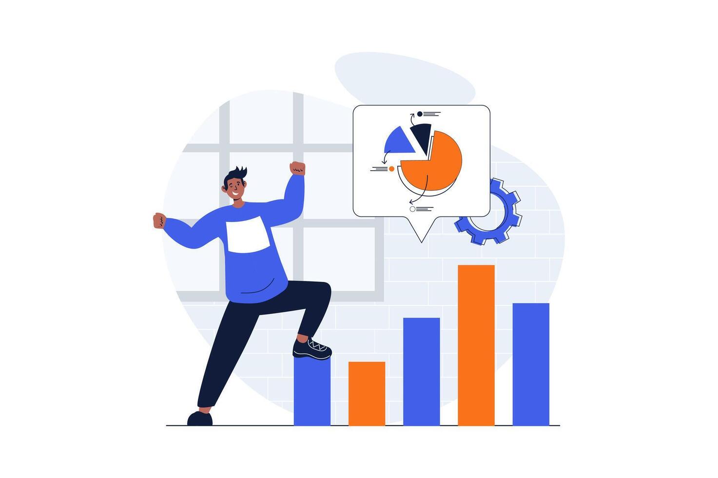 Sales performance web concept with character scene. Man analyze financial chart and diagram, increase income. People situation in flat design. Vector illustration for social media marketing material.