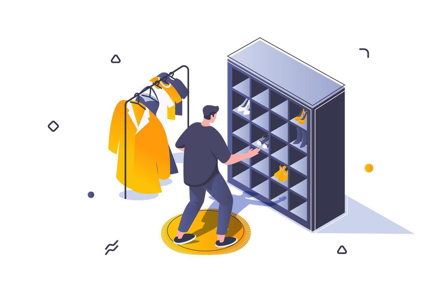 Home interior concept in 3d isometric design. Man stands at closet near clothes hangers rack. Furnishing and decoration in living room. Vector illustration with isometric people scene for web graphic
