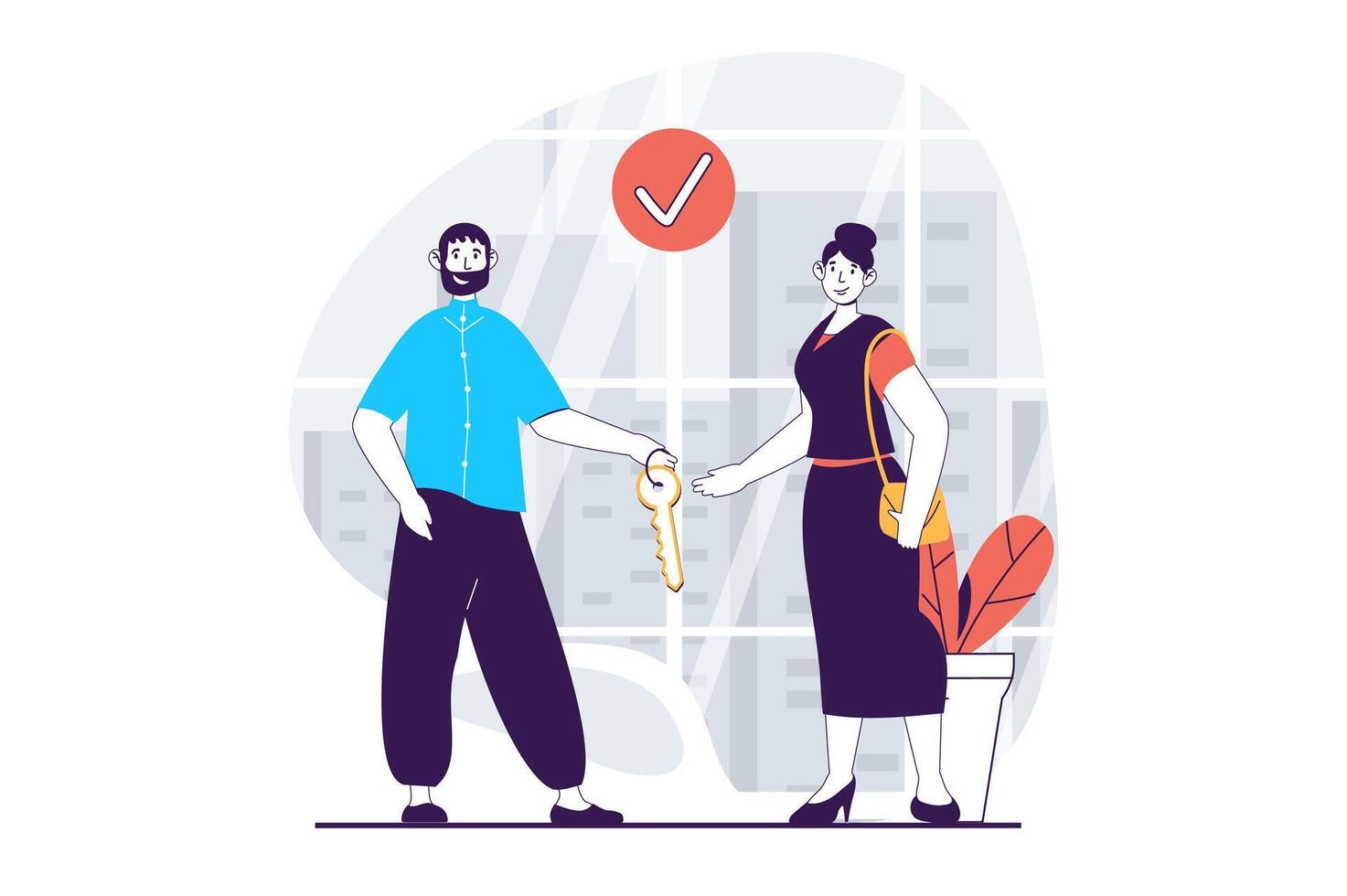 Real estate concept with people scene in flat design for web. Woman buying new house, dealing contract and receiving key from realtor. Vector illustration for social media banner, marketing material.