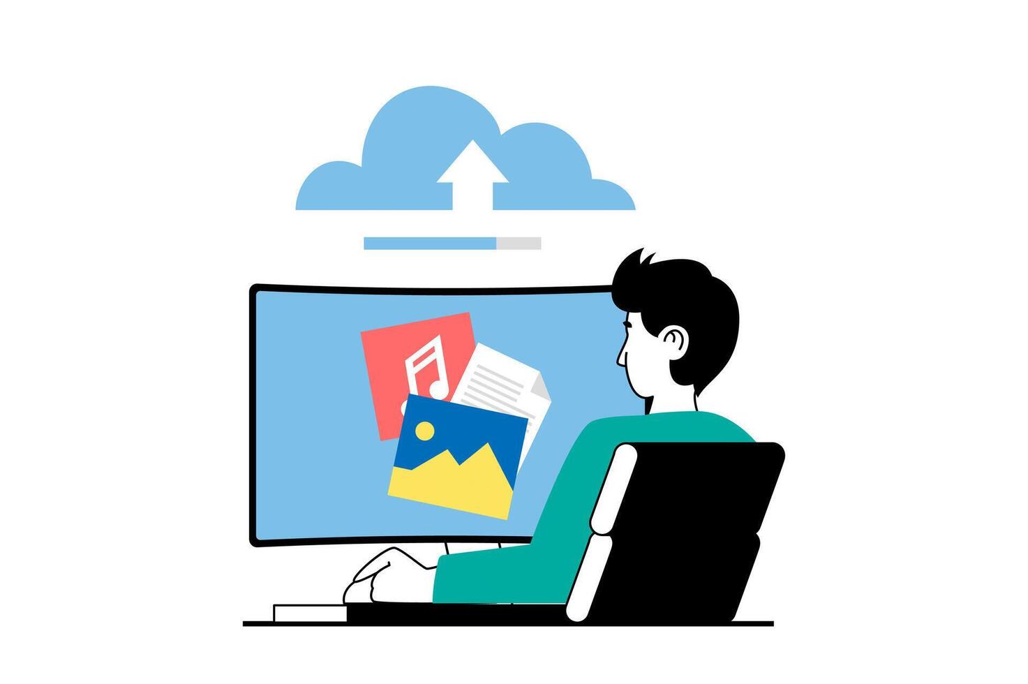 Cloud computing concept with people scene in flat web design. Man upload different files and digital content to online storage service. Vector illustration for social media banner, marketing material.