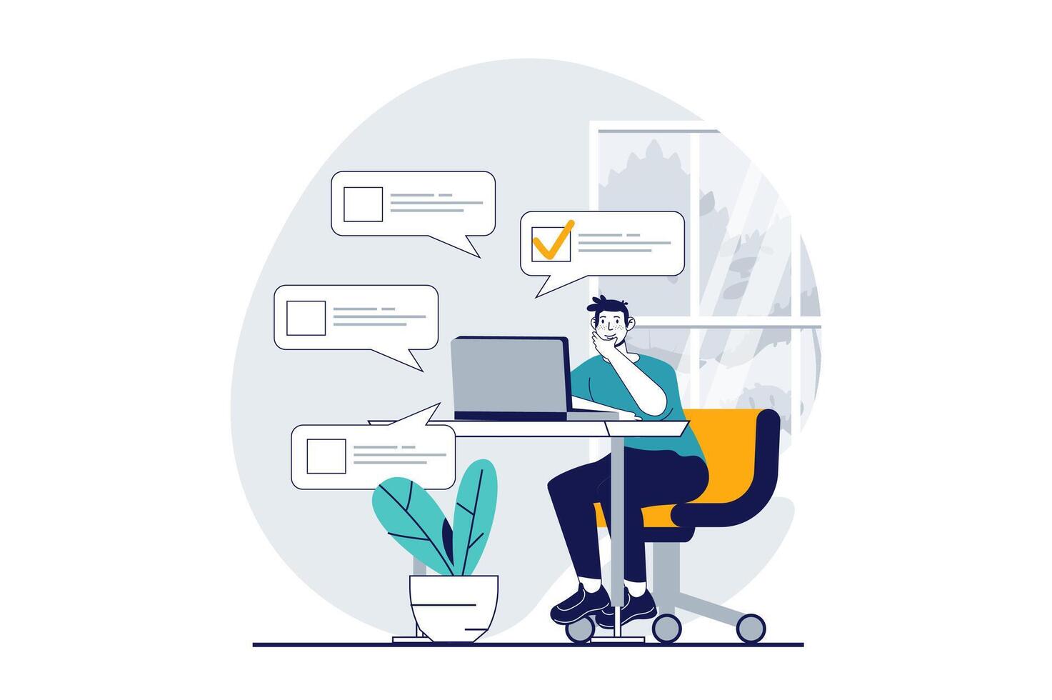 Online survey concept with people scene in flat design for web. Man giving feedback with user experience and answering questions. Vector illustration for social media banner, marketing material.