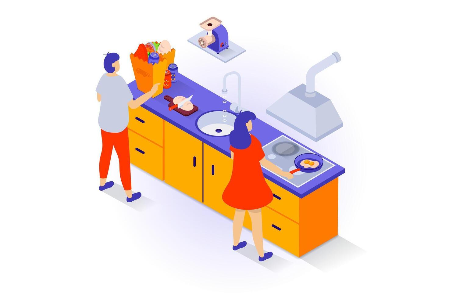 Home interior concept in 3d isometric design. People stand in kitchen room with tables, products bags on countertop, cooking at stove with hood. Vector illustration with isometry scene for web graphic