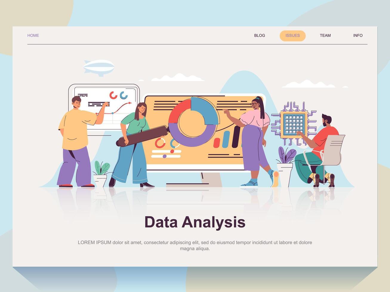 datos análisis web concepto para aterrizaje página en plano diseño. hombre y mujer analizar Estadísticas, cartas y gráficos, investigación diagramas en pantallas vector ilustración con personas escena para sitio web página principal