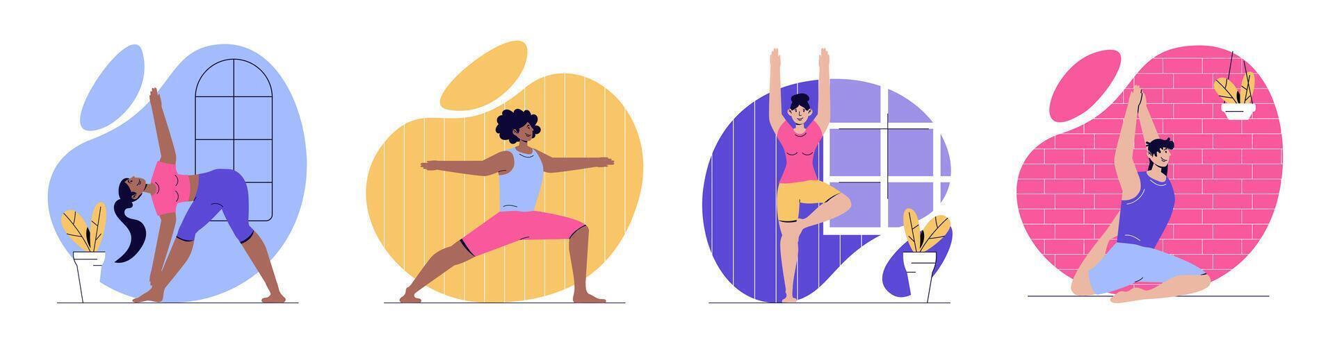 Yoga training concept with people scenes set in flat web design. Bundle of character situations with men and women practicing asanas, doing pilates and gymnastic exercises. Vector illustrations.