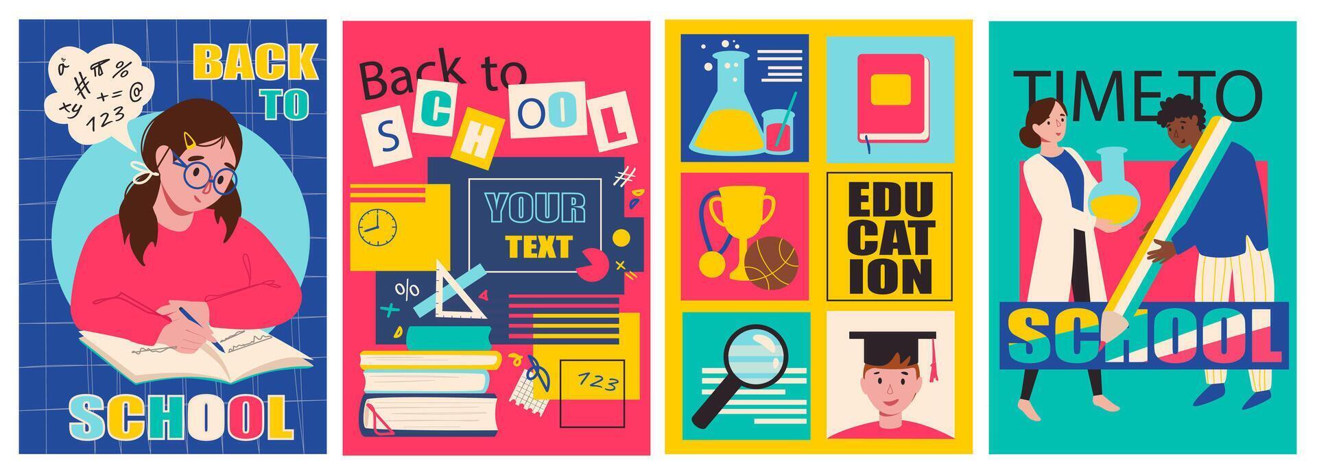 Back to school cover brochure set in trendy flat design. Poster templates with schoolgirl doing homework, books and stationery, different lessons and science, teacher and pupil. Vector illustration.