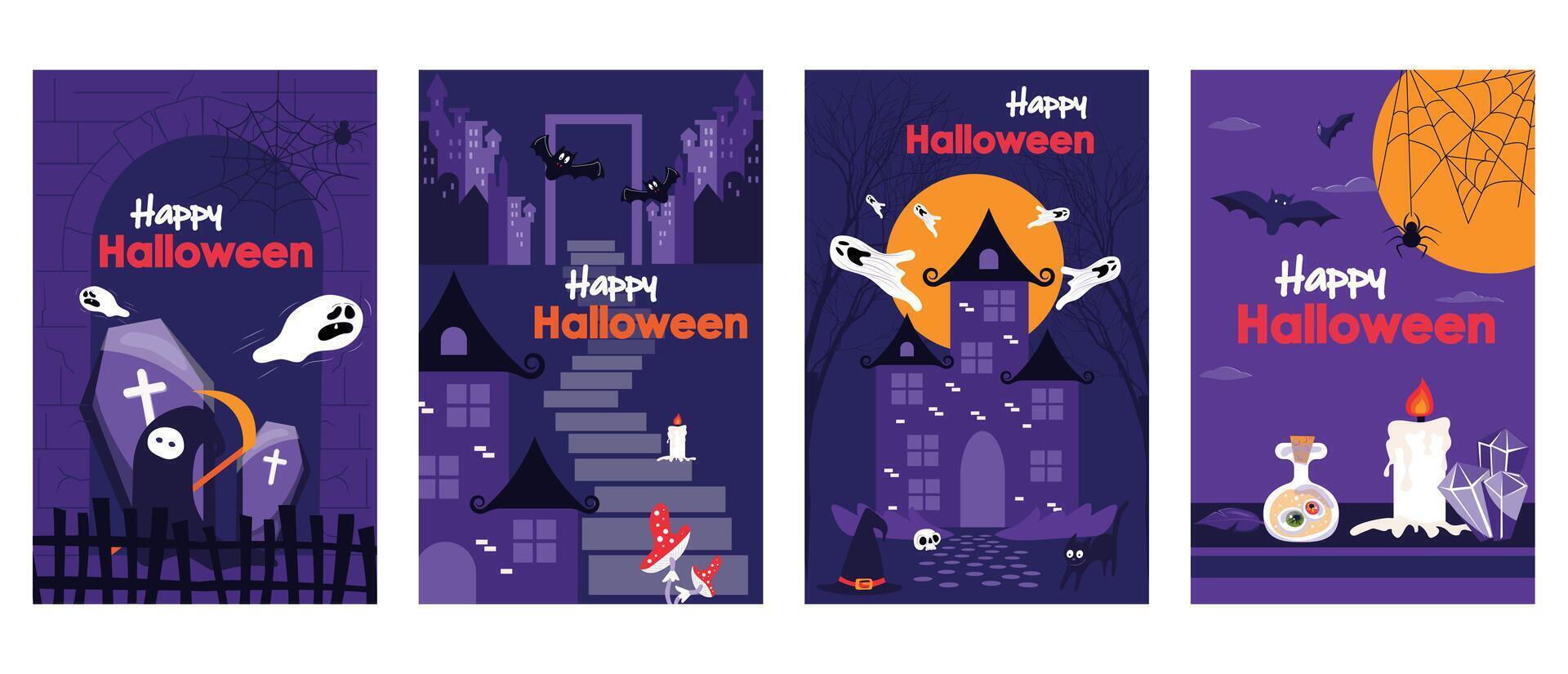 Halloween holiday cover brochure set in trendy flat design. Poster templates with spooky death character, flying ghosts, old castle and house with moon, creepy potion and candles. Vector illustration.