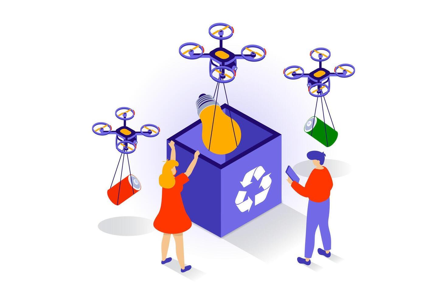 Eco lifestyle concept in 3d isometric design. People collecting light bulbs and batteries with flying drones for recycling, zero waste principe. Vector illustration with isometry scene for web graphic