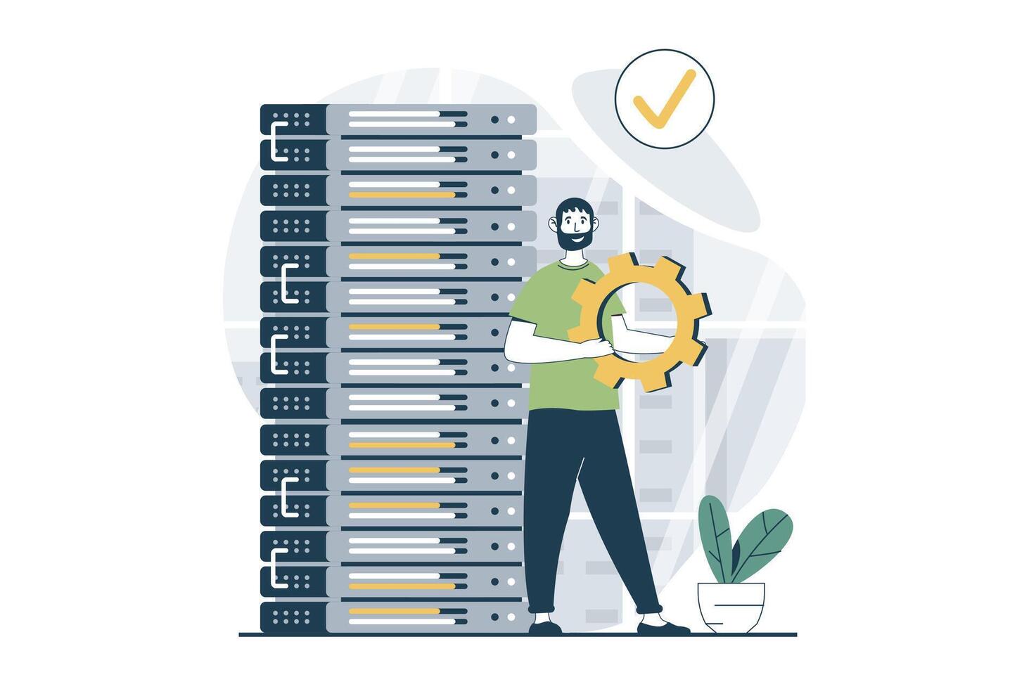 Server maintenance concept with people scene in flat design for web. Man works as tech administrator and fixing equipment in rack room. Vector illustration for social media banner, marketing material.