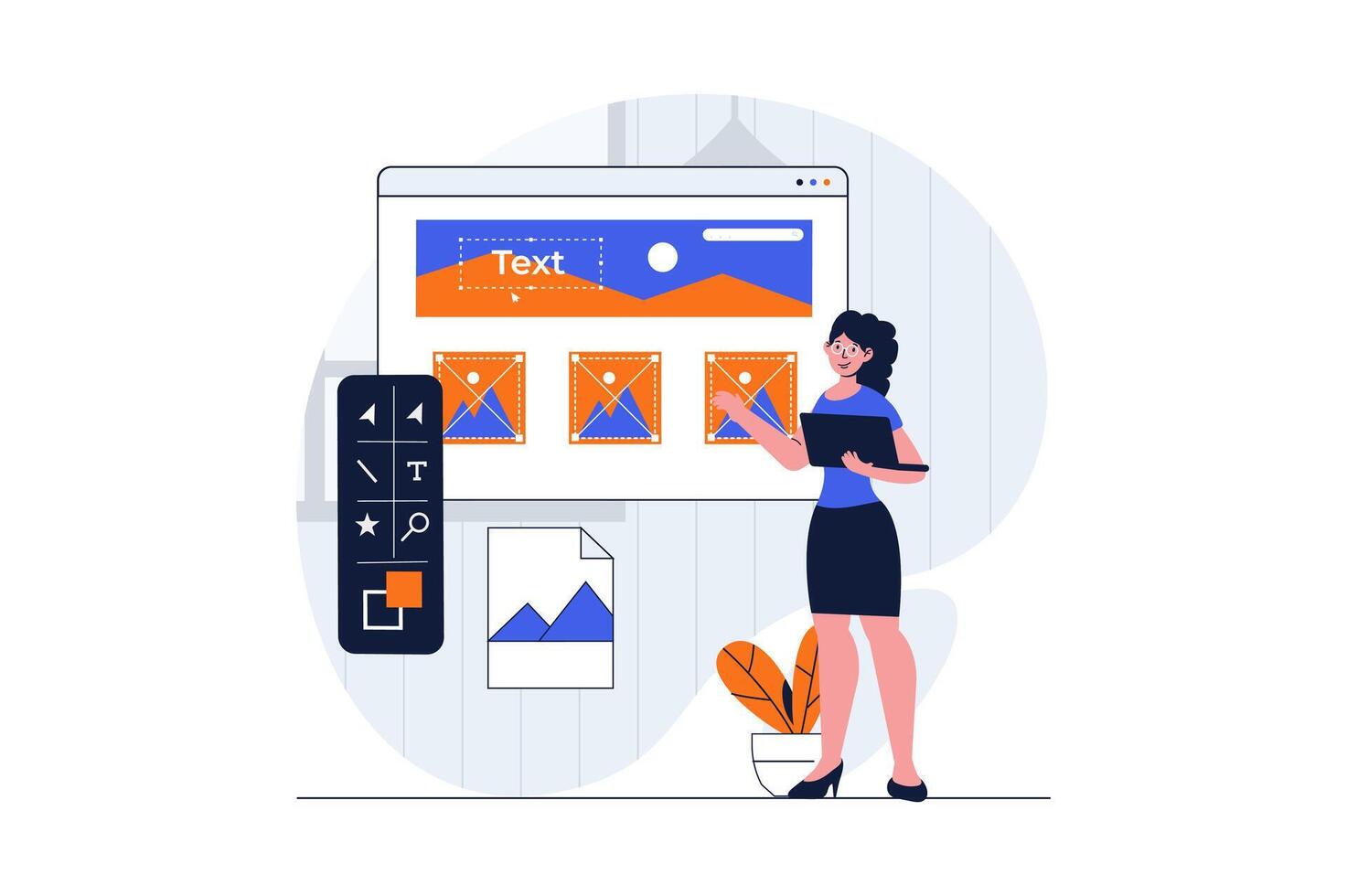 Web development concept with character scene. Woman creating graphic elements and placing content at layouts. People situation in flat design. Vector illustration for social media marketing material.