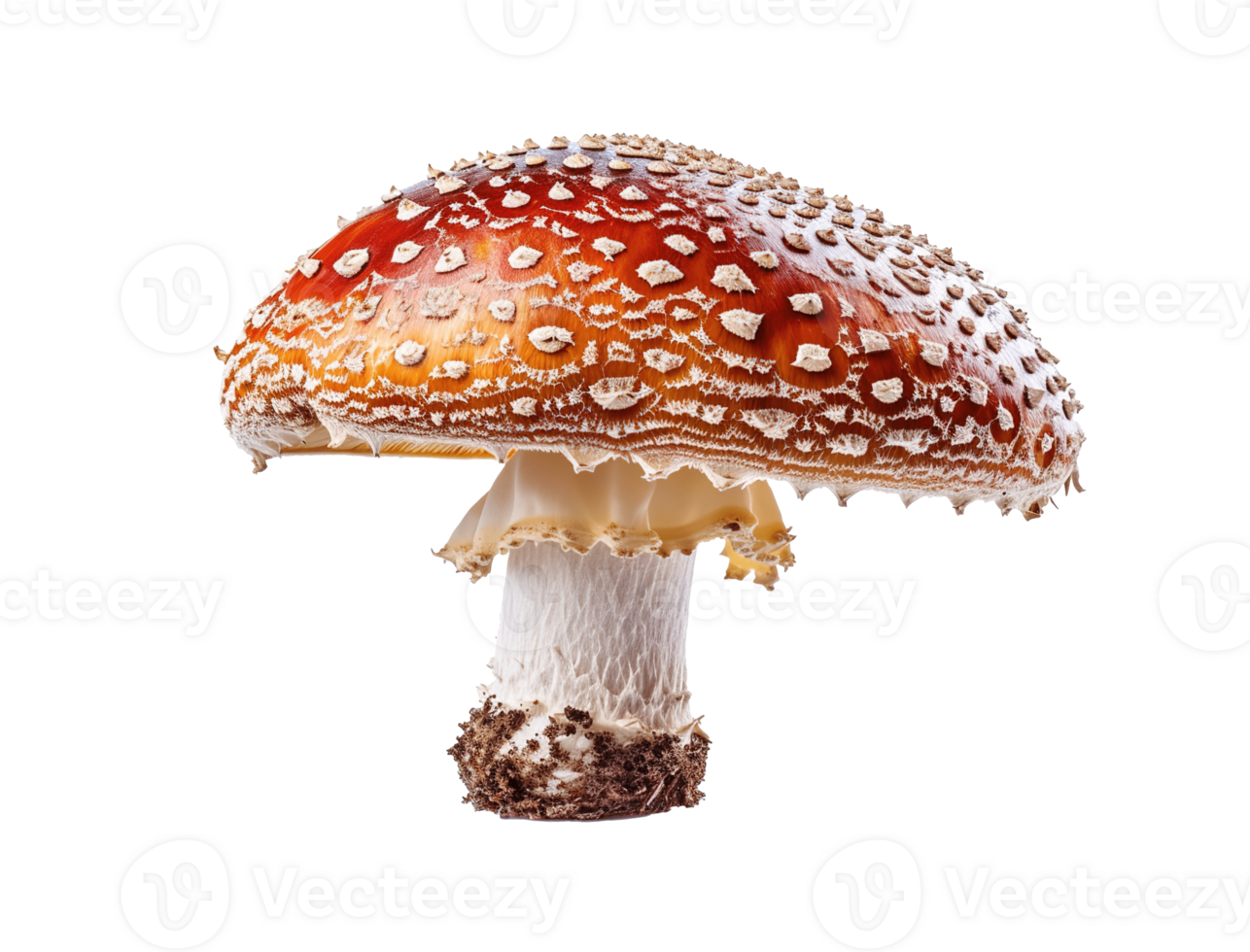 AI generated Amanita muscaria Fly Agaric mushroom with a red cap PNG cutout isolated on transparent background, graphic resource