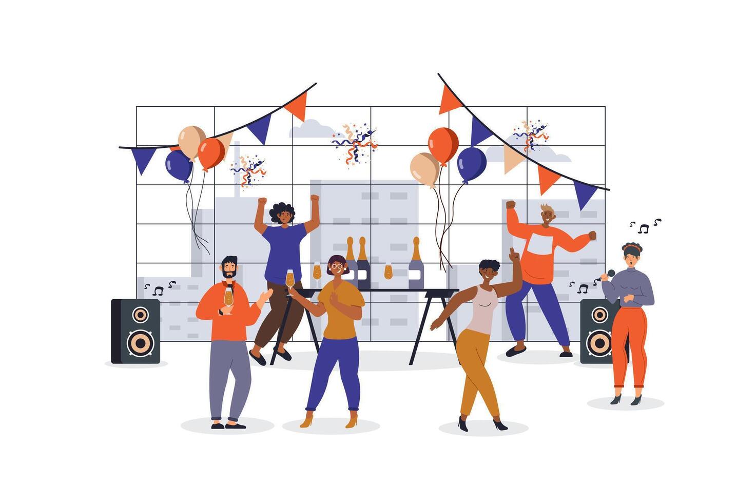 Holiday party concept with character scene for web. Women and men dancing, drinking, celebrate at festive event together. People situation in flat design. Vector illustration for marketing material.