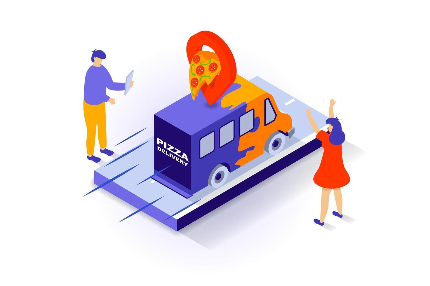 Food delivery concept in 3d isometric design. People ordering pizza at lunch from restaurant and buying online, using fast shipping service. Vector illustration with isometry scene for web graphic