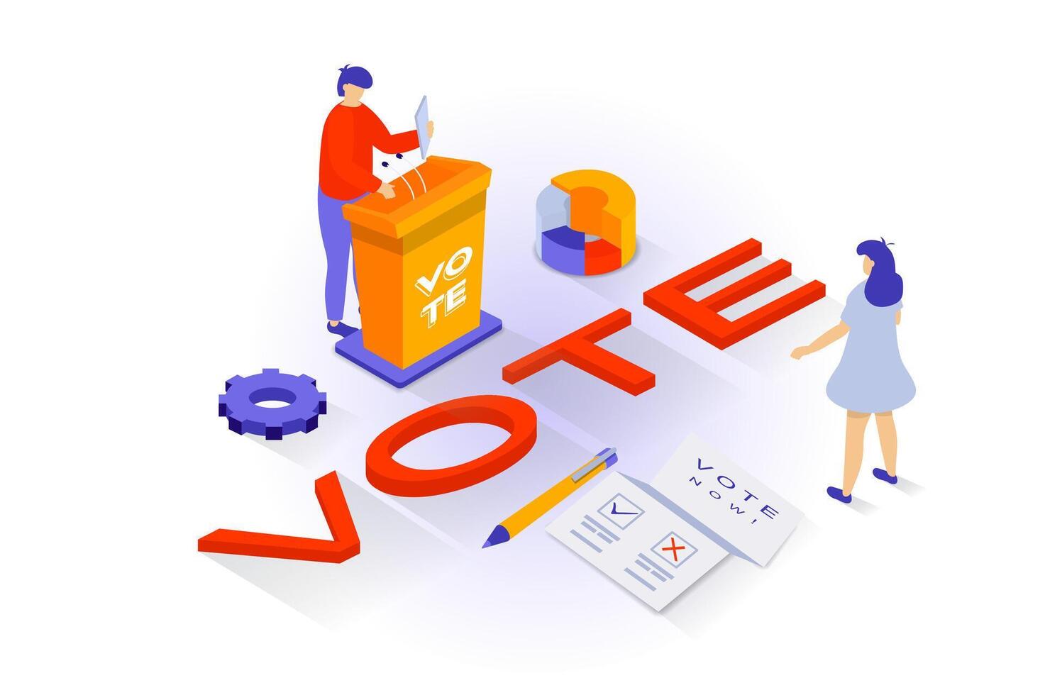 elección y votación concepto en 3d isométrica diseño. personas votar en democracia elecciones y reunirse con politicos durante elección campañas vector ilustración con isometria escena para web gráfico