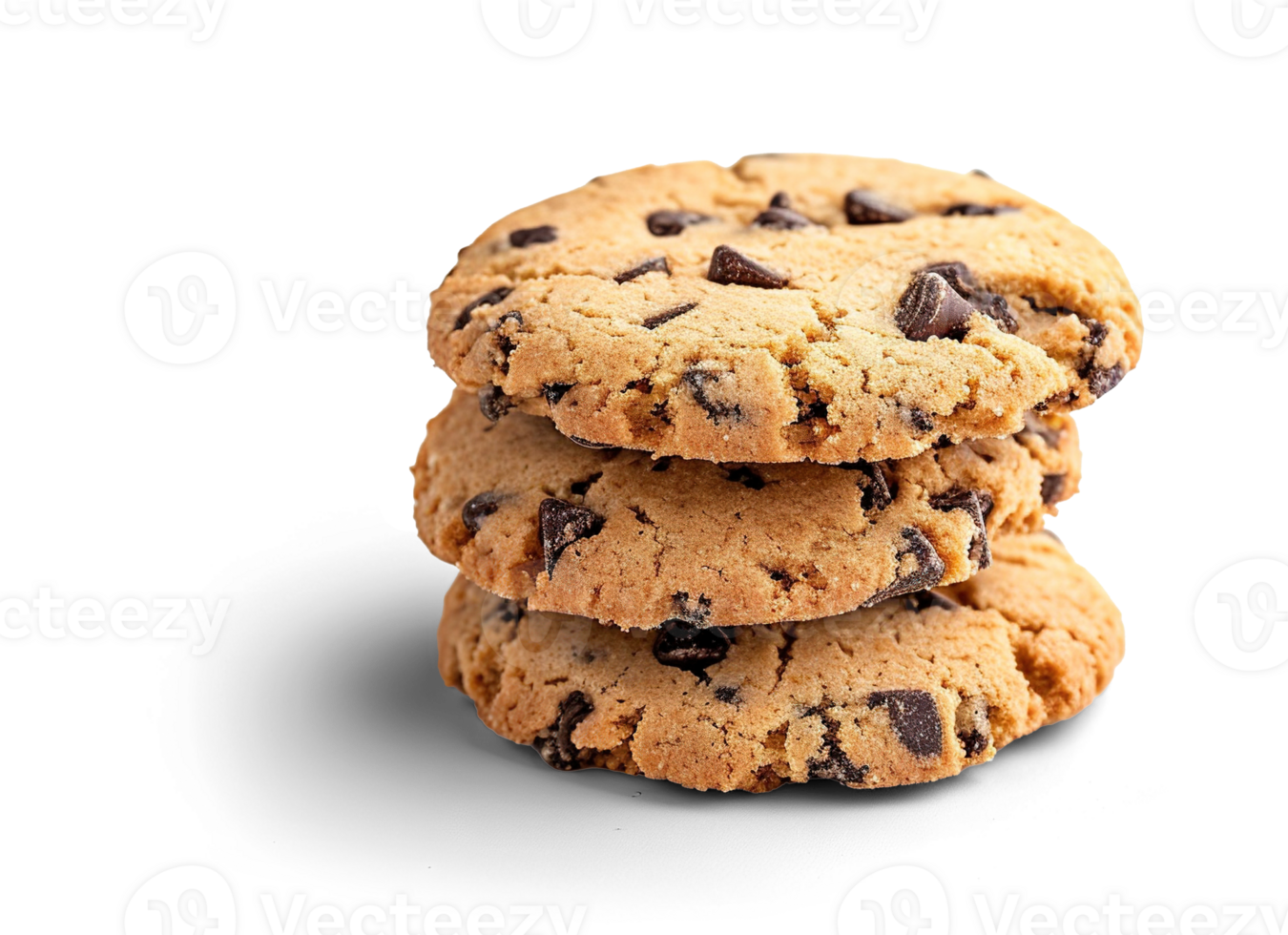 AI generated Three sweet chocolate chip cookies isolated on transparent background, PNG cutout graphic resource