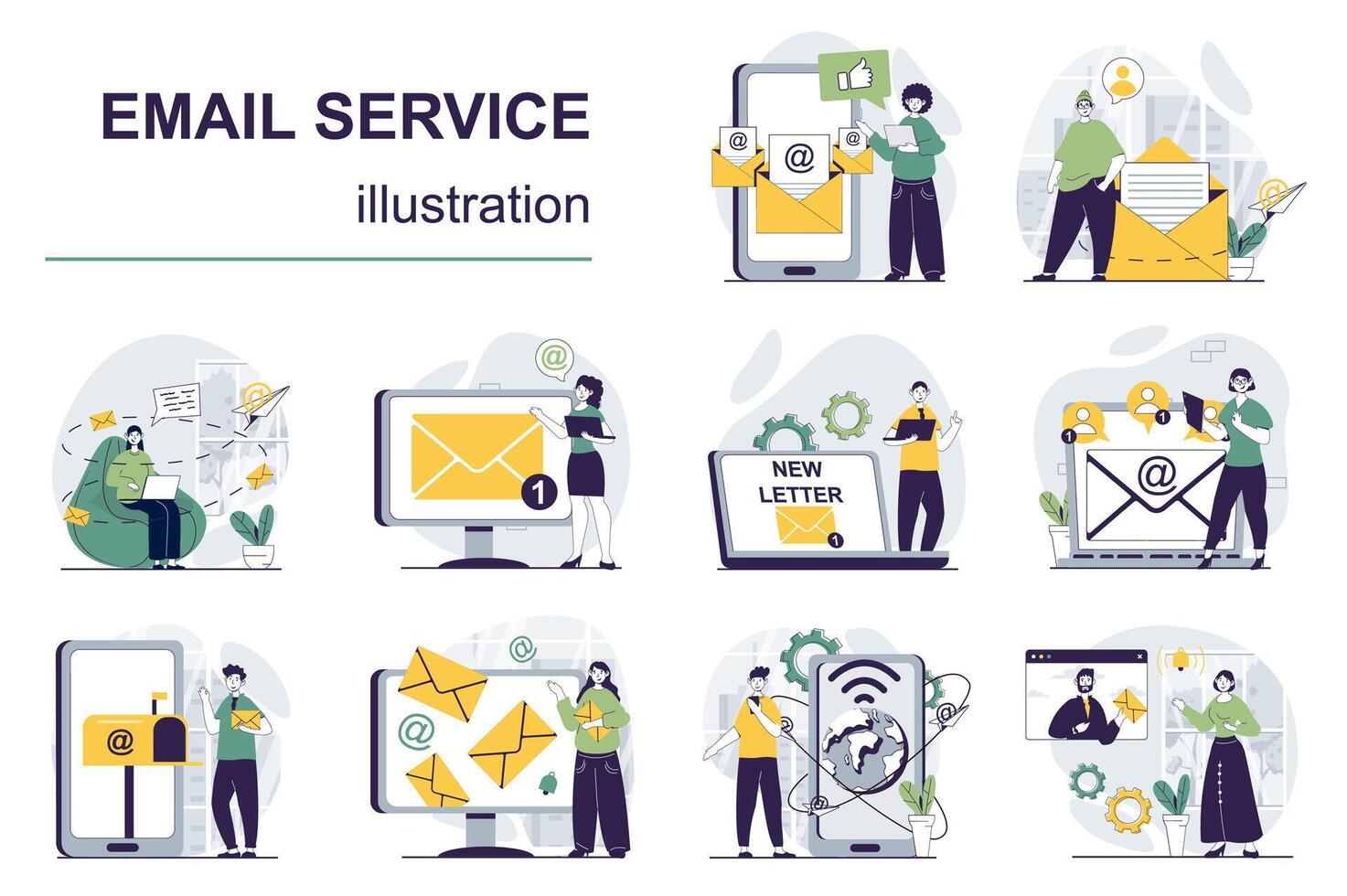 Email service concept with character situations mega set. Bundle of scenes people receiving and sending letters, using mail apps and correspondence delivery. Vector illustrations in flat web design