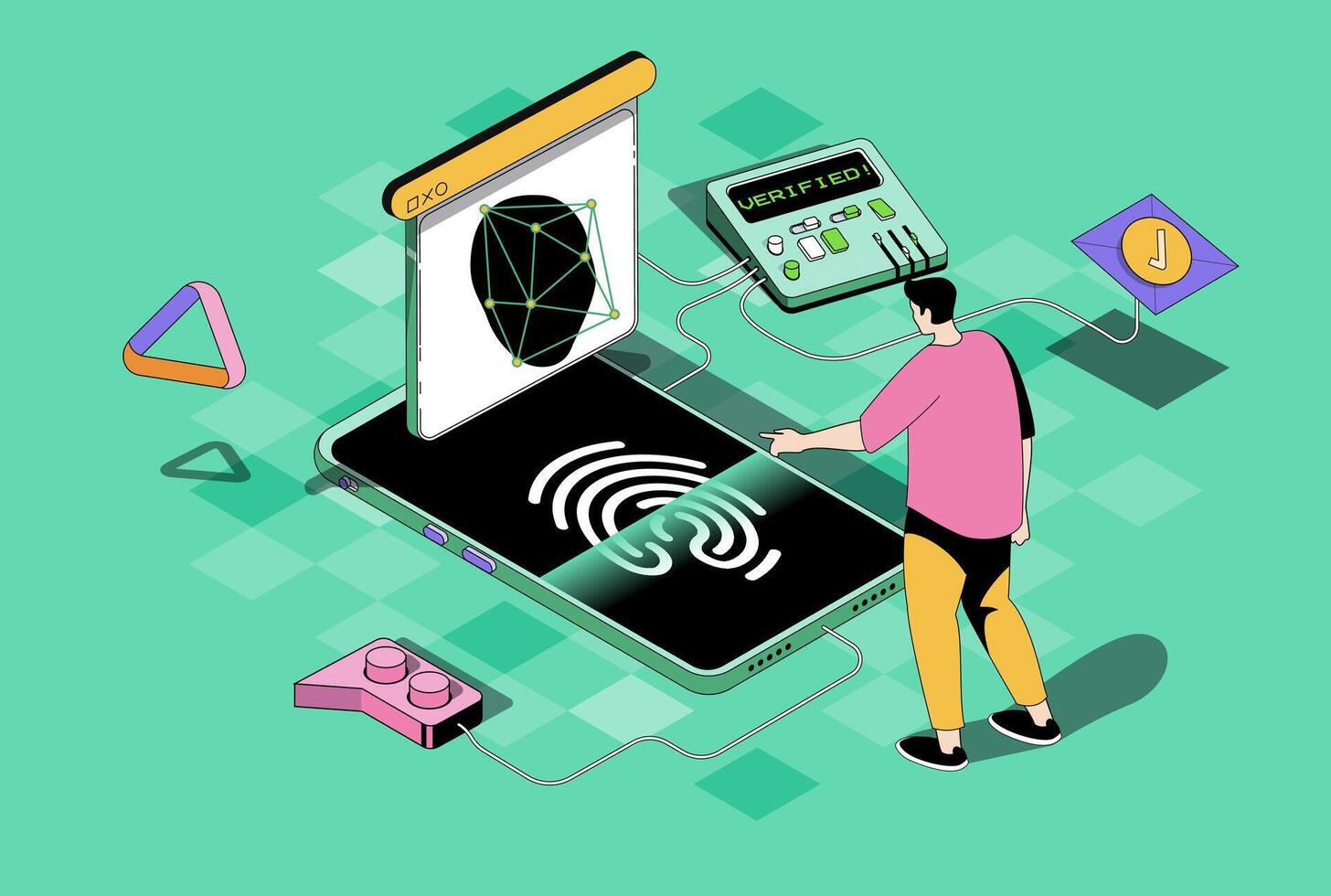 Biometric control concept in 3d isometric design. Man using secure access with ID verification, fingerprint scanning, face recognition. Vector illustration with isometry people scene for web graphic