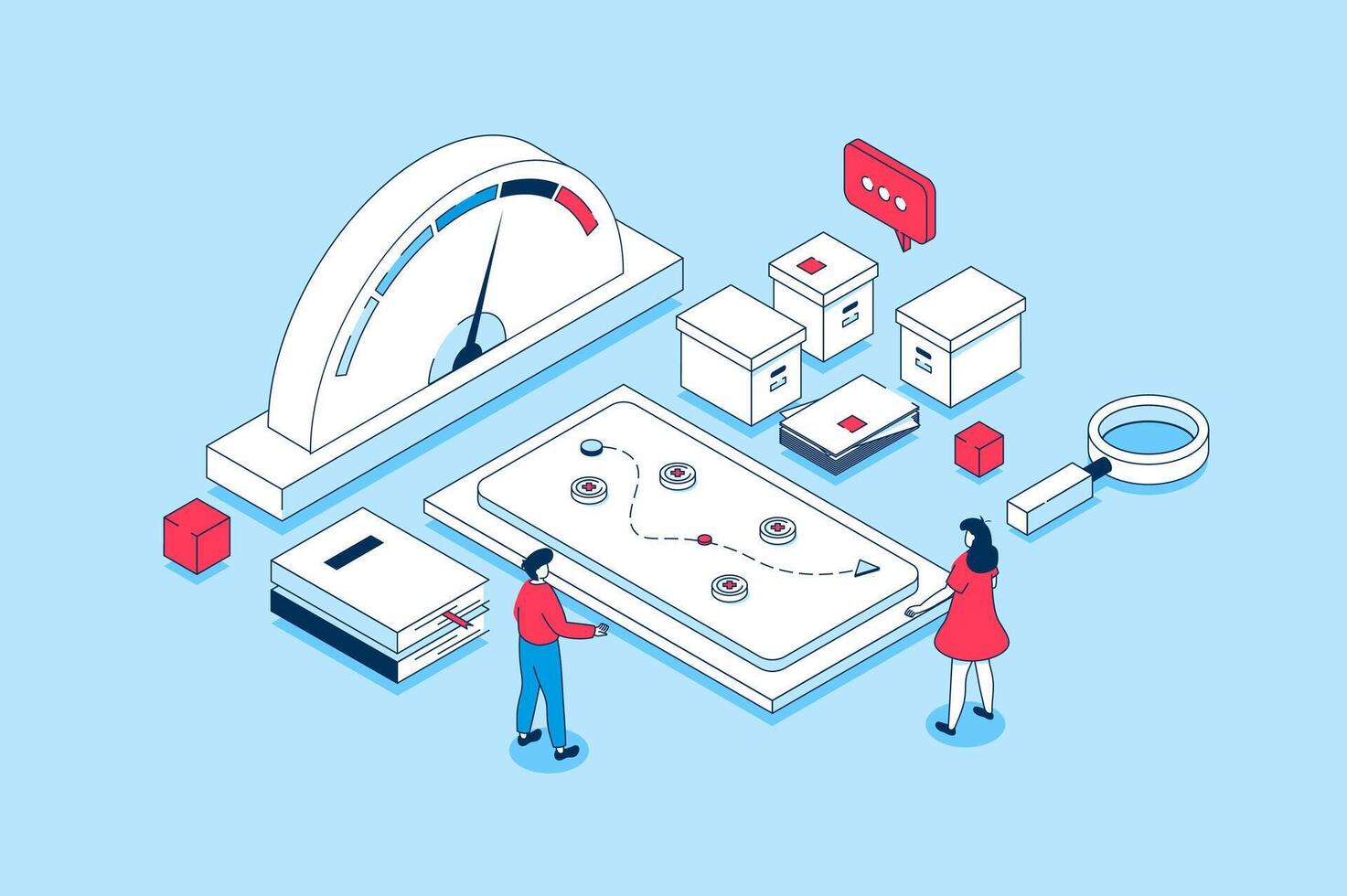 Crisis management concept in 3d isometric design. People analyzing data and speedometer, brainstorming, creatine new route, solving problem. Vector illustration with isometry scene for web graphic