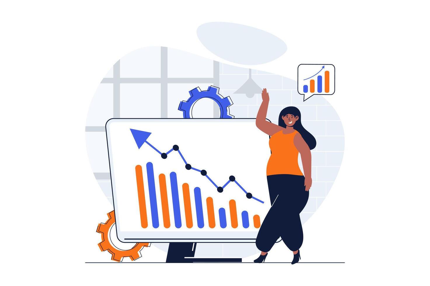 Financial planning web concept with character scene. Woman analyzing statistics data and increases income. People situation in flat design. Vector illustration for social media marketing material.