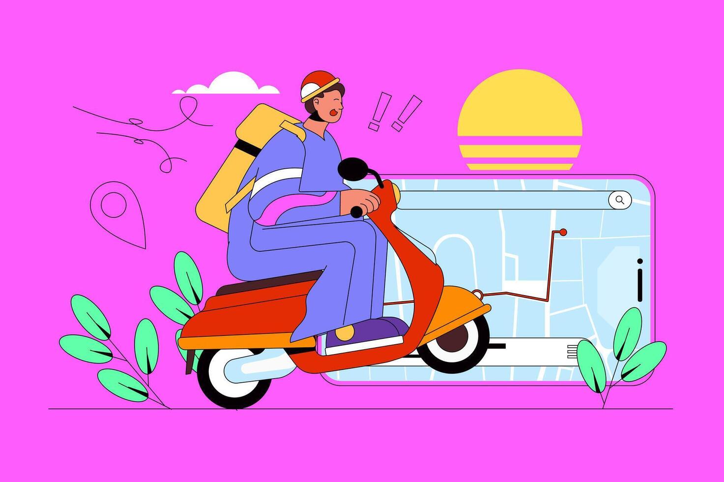 Delivery food web concept with character scene. Courier rides motorbike and carrying order for client, tracking route map. People situation in flat design. Vector illustration for marketing material.