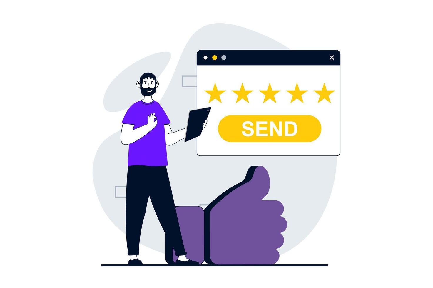 Feedback page concept with people scene in flat design for web. Man sending client experience review and user rating with five stars. Vector illustration for social media banner, marketing material.