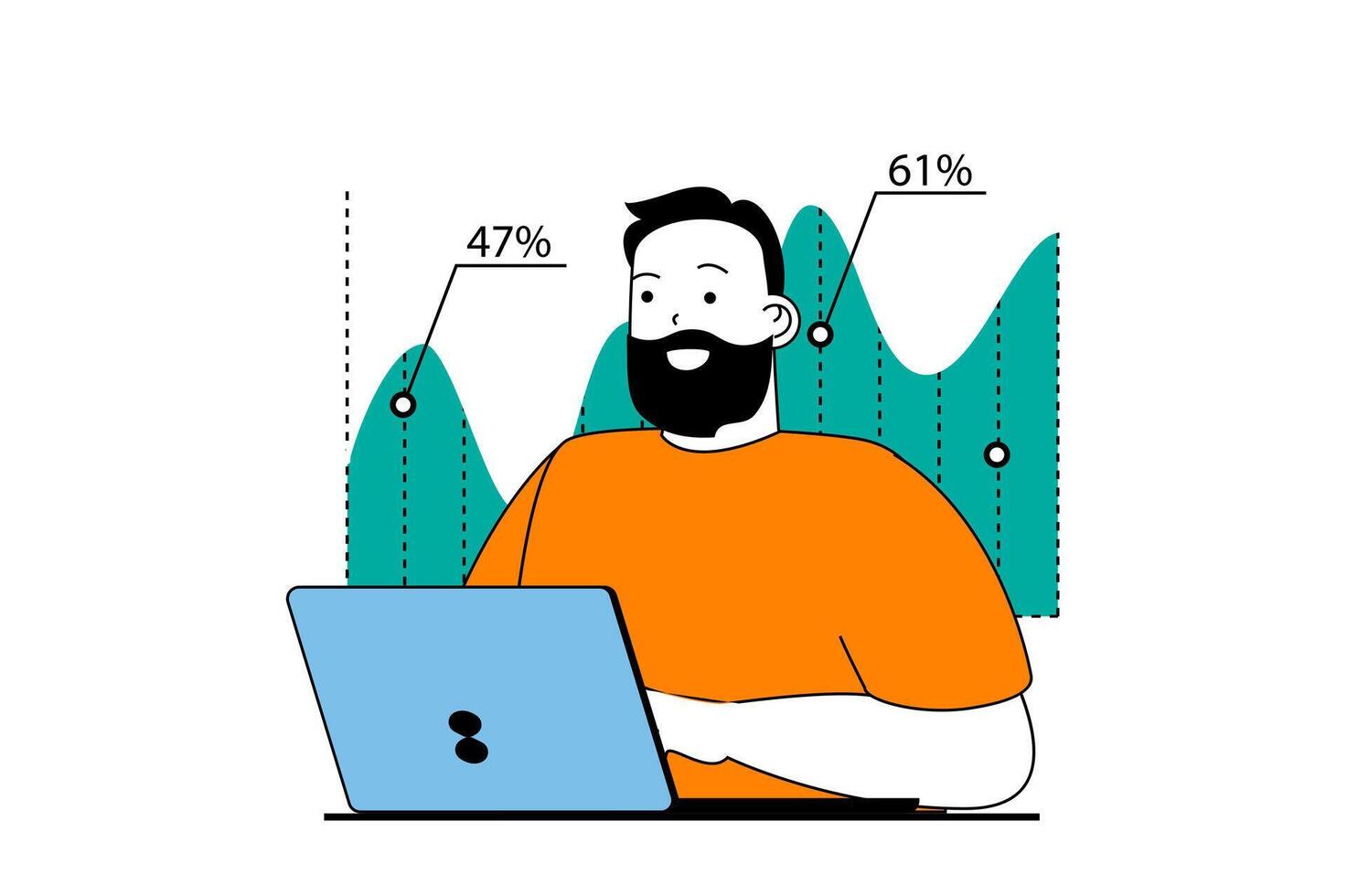 datos análisis concepto con personas escena en plano web diseño. hombre haciendo financiero auditoría y contabilidad, consiguiendo Progreso a cuadro. vector ilustración para social medios de comunicación bandera, márketing material.