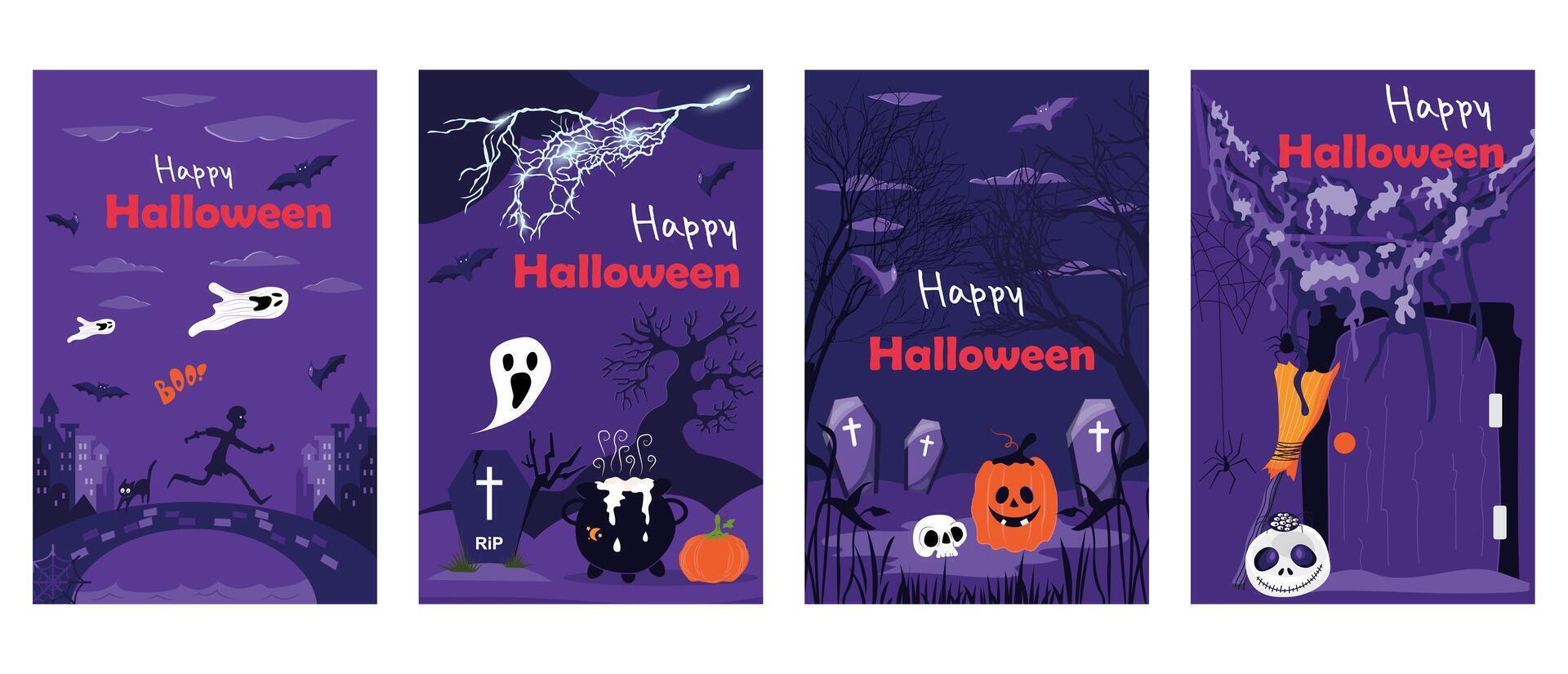 Halloween holiday cover brochure set in trendy flat design. Poster templates with flying spooky ghosts, witch cauldron on cemetery, creepy pumpkins, evil trees and other symbols. Vector illustration.