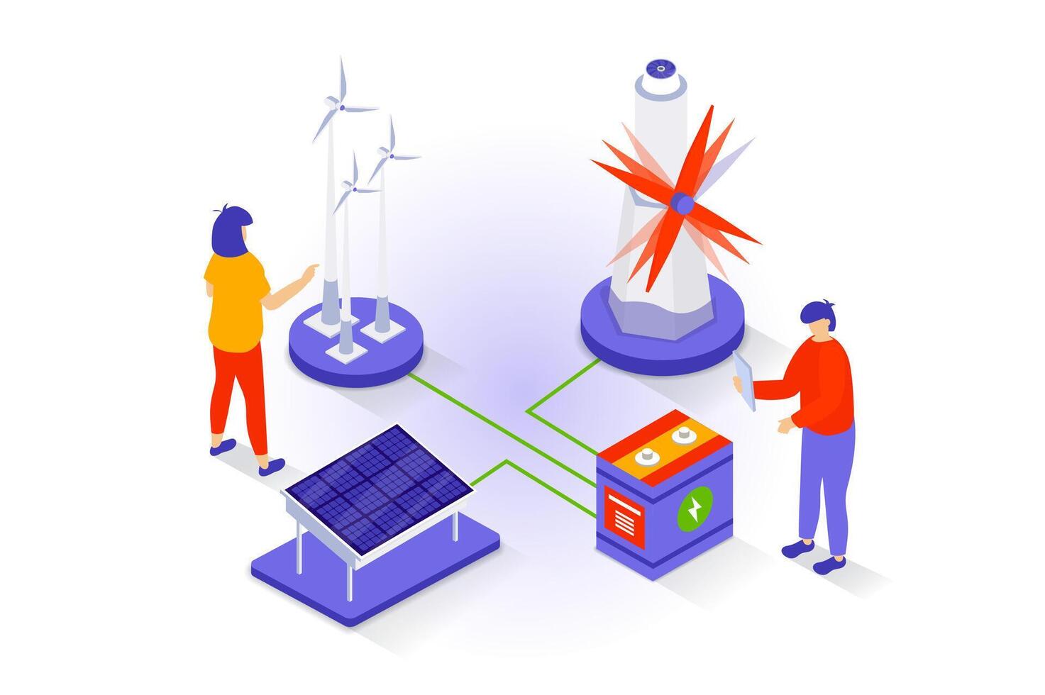 Eco lifestyle concept in 3d isometric design. People using wind turbines and solar panels for green energy generation, care natural resources. Vector illustration with isometry scene for web graphic