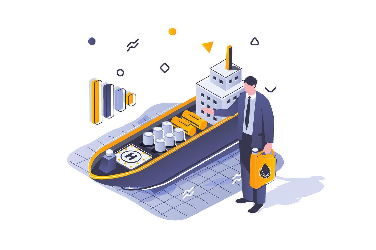 Oil Industry concept in 3d isometric design. Businessman selling petroleum products using tanker ship for sea cargo transportation. Vector illustration with isometric people scene for web graphic