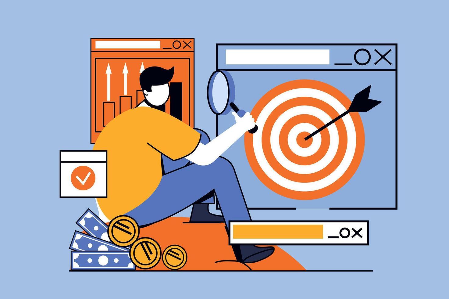 Business target concept with people scene in flat design for web. Man researching trends and pointing aims for company development. Vector illustration for social media banner, marketing material.